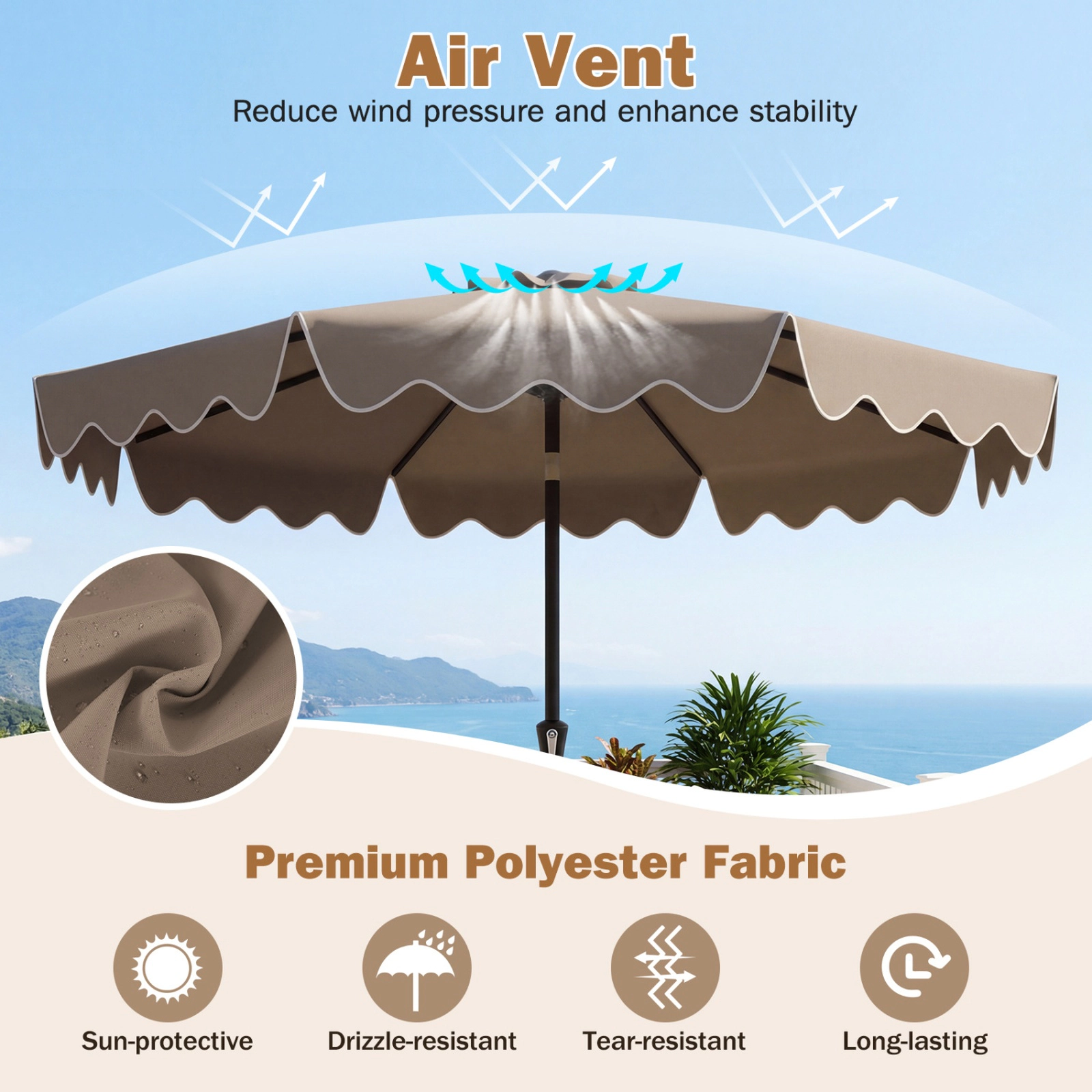SUGIFT 9-ft Double-Tier Ruffled Patio Umbrella Weighted Base & Sandbags 9 x 8 in Polyester Canopy 17-lb Umbrella Brown