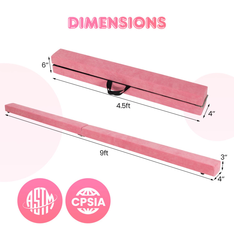 SUGIFT Pink 9-ft 160-lb Capacity Folding Gymnastics Balance Beam with Pine Wood Core and Anti-Slip Base