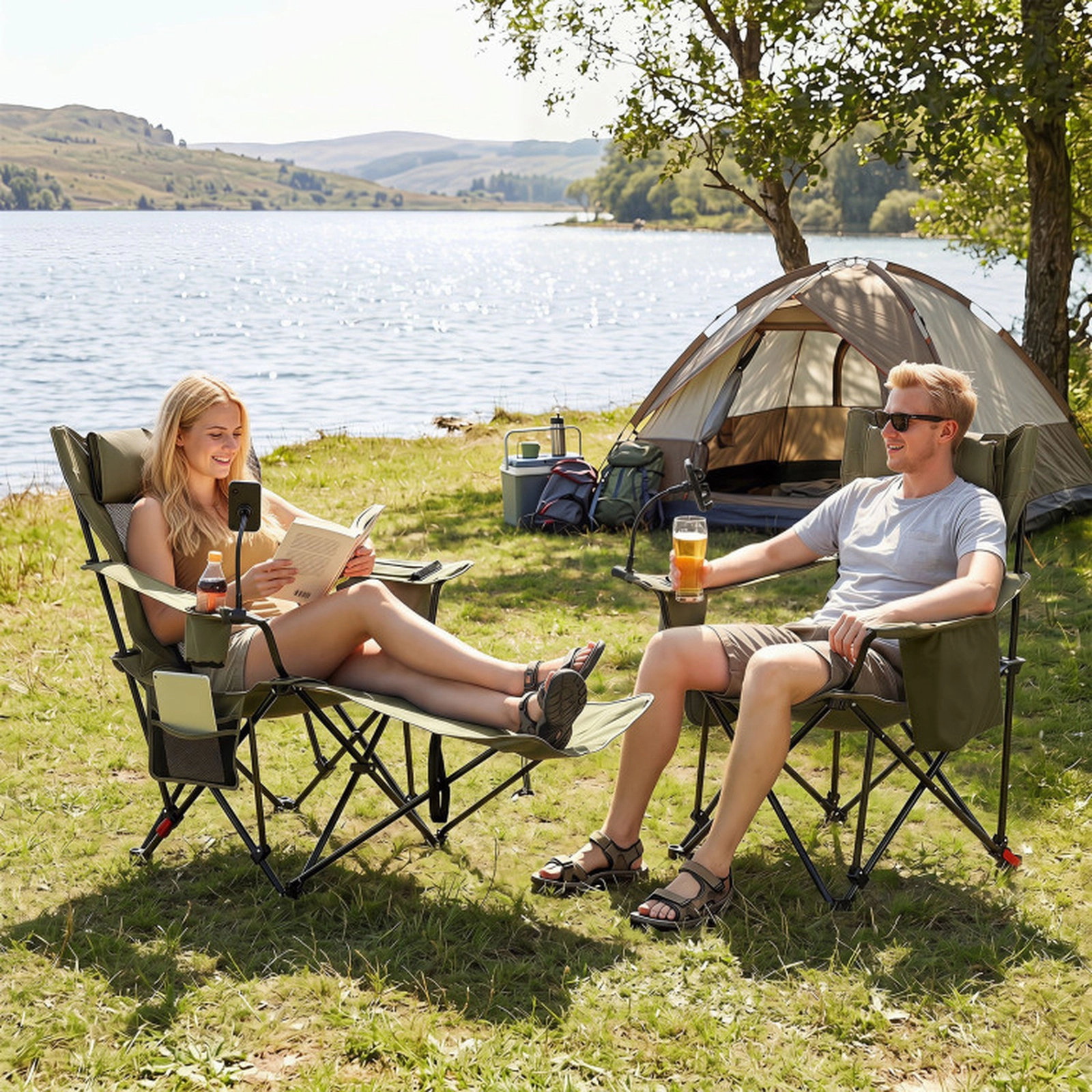 SUGIFT 2-in-1 330-lb Capacity 3-Position Reclining Camping Chair Lounger with Detachable Footrest and Headrest
