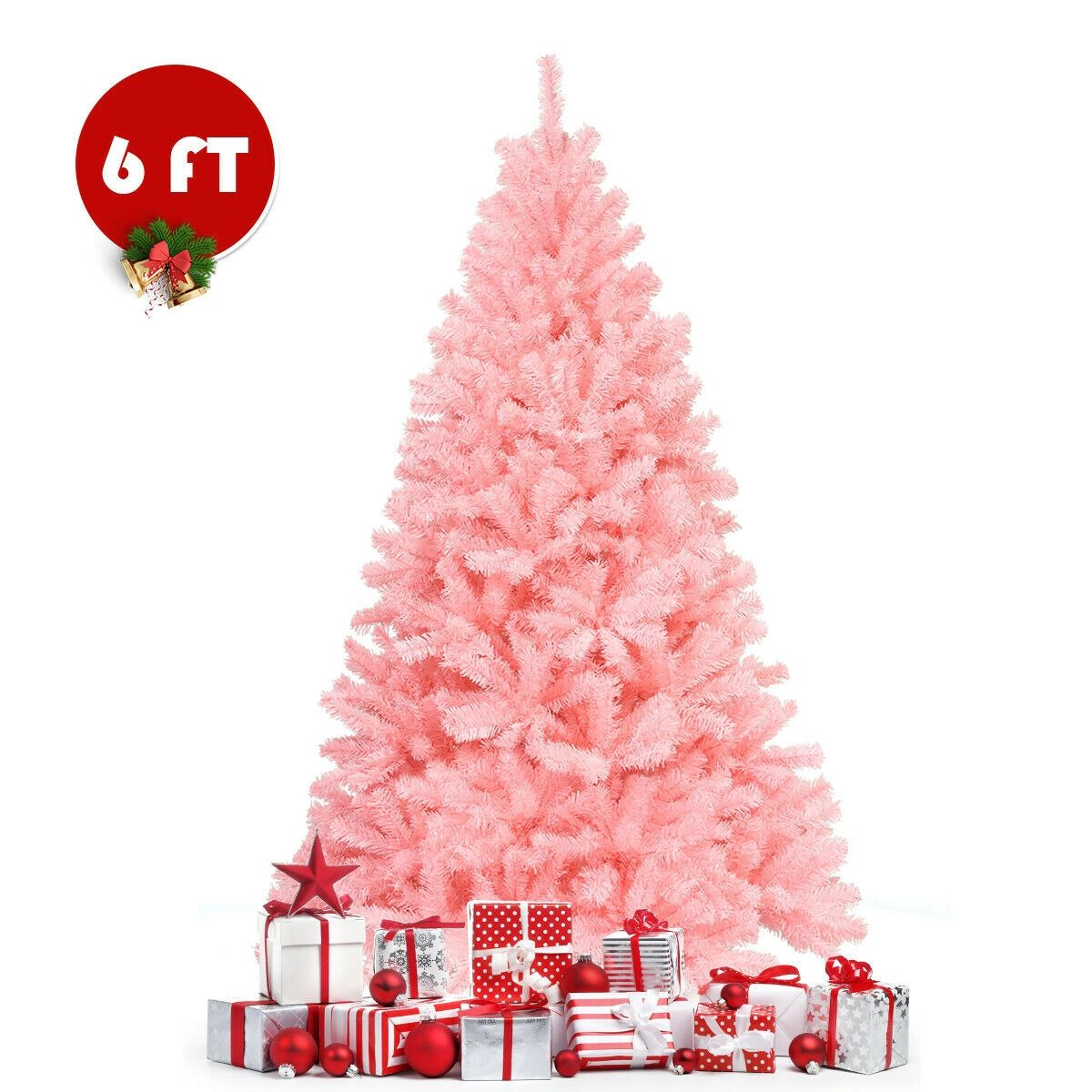 SlickBlue Full Shape Pink Christmas Tree with Hinged Sections and Metal Stand