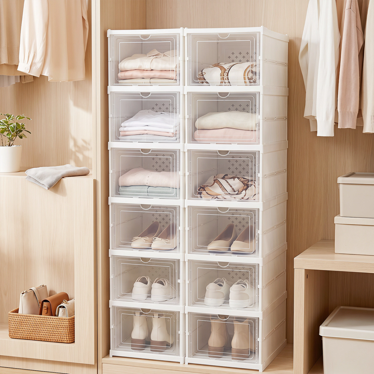 LJG 6-Tier Shoe Organizer Set of 2 with Clear Doors and Portable Design for 12 Pairs