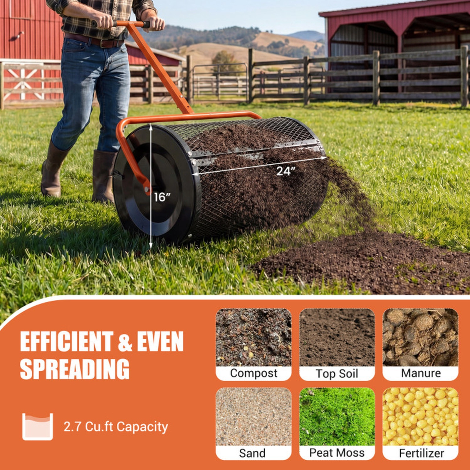 SUGIFT 24-in 2.7-cu ft Orange Compost Spreader Peat Moss Roller with Height Adjustable T-Shape Handle