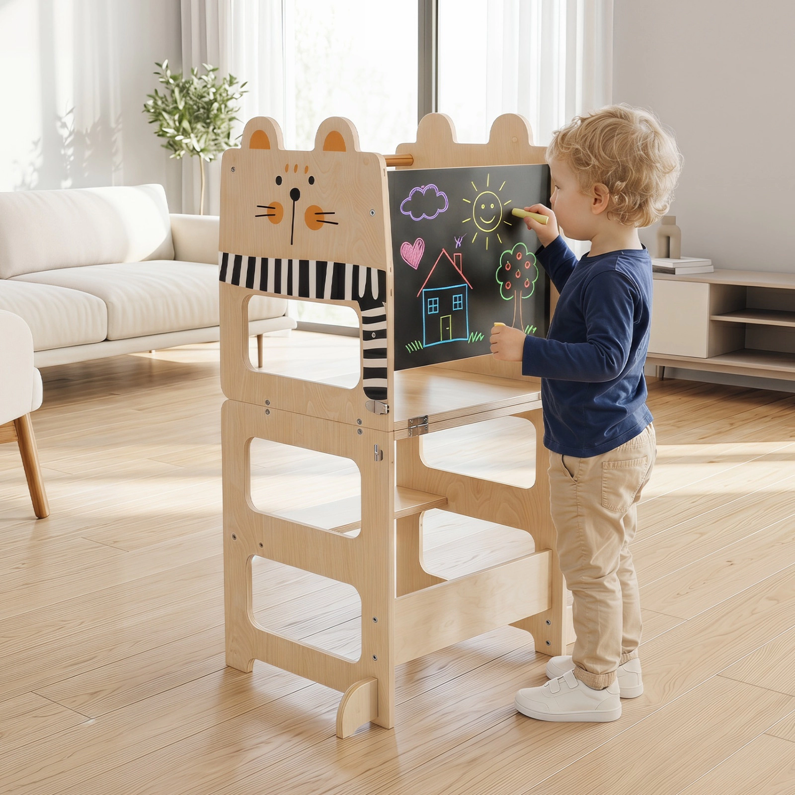 SUGIFT 3-in-1 Wooden Toddler Kitchen Step Stool Black and White with Chalkboard