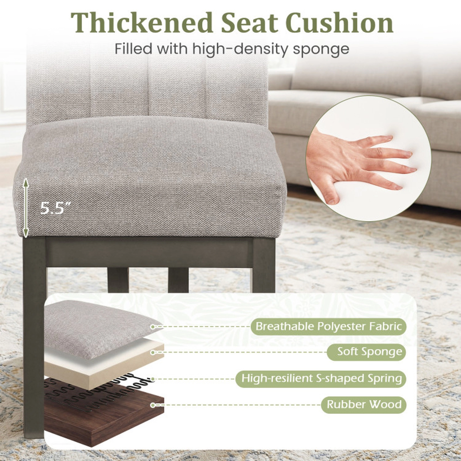 SUGIFT Set of 2 Gray Farmhouse Fabric Dining Chairs, 5.5-in Padded Seat
