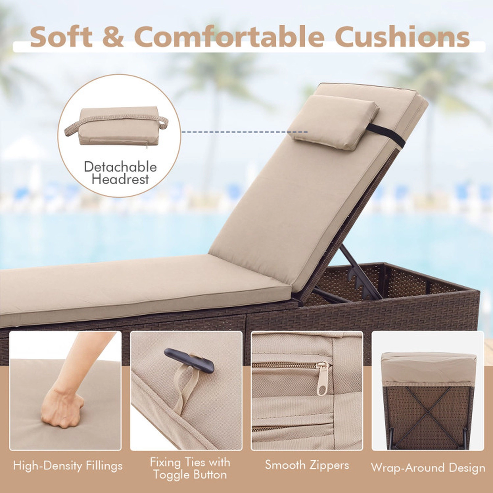 SUGIFT Outdoor PE Rattan Chaise Lounge with 6-Position Adjustable Backrest and Side Table 400-Lb Capacity Mix Brown