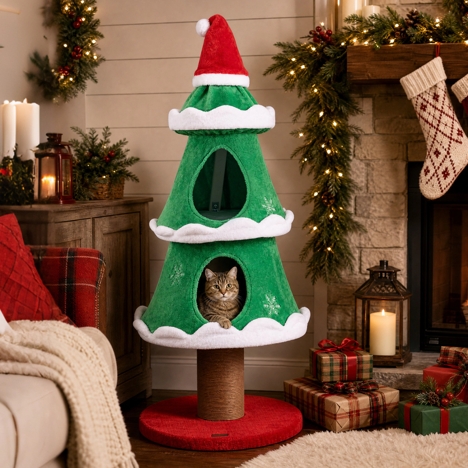 LJG 51" Christmas Cat Tree with 2 Cozy Condos and Scratching Post for Pets
