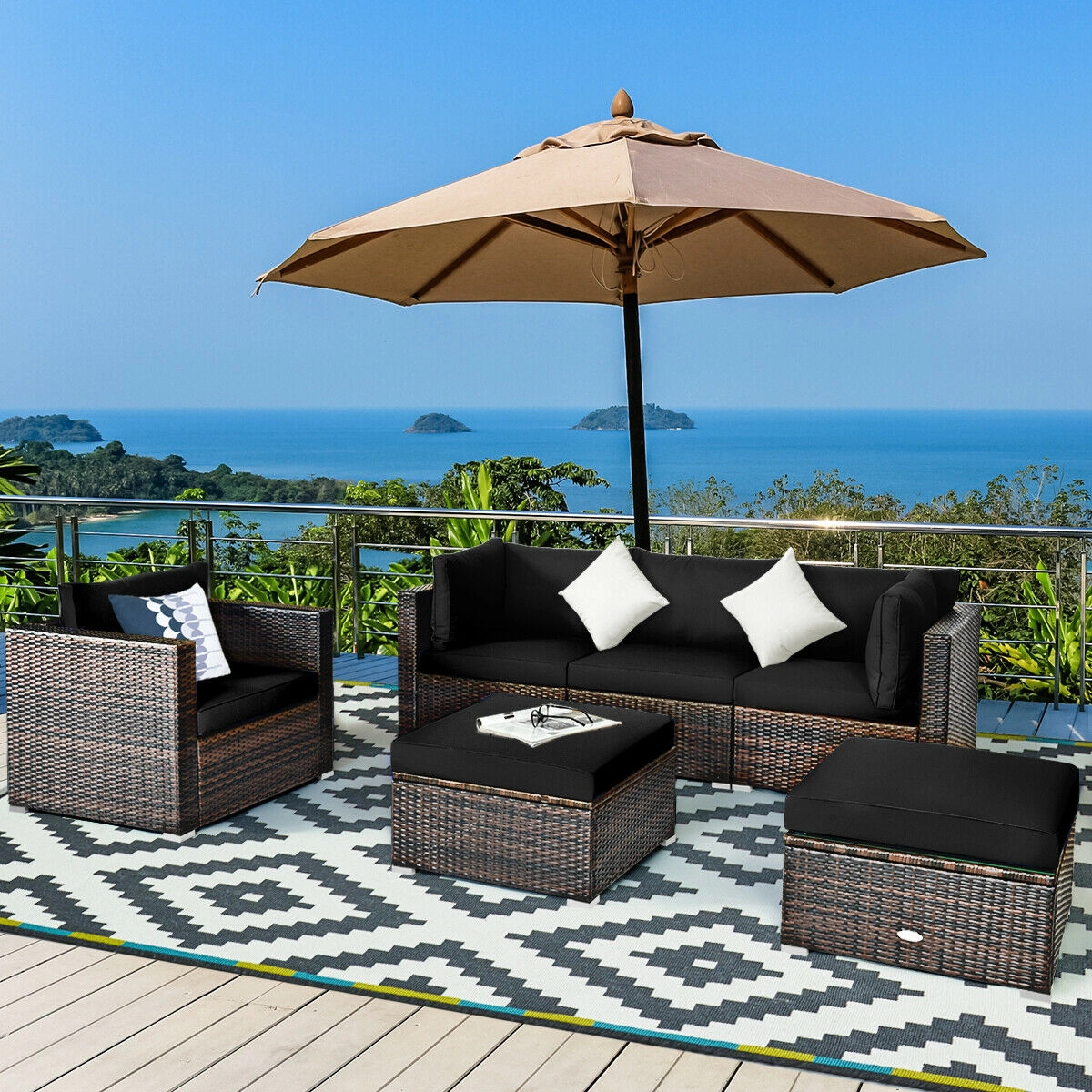 SUGIFT 6-Piece Black PE Rattan Patio Sectional Set with Glass-Top Ottomans and 4-Inch Cushions