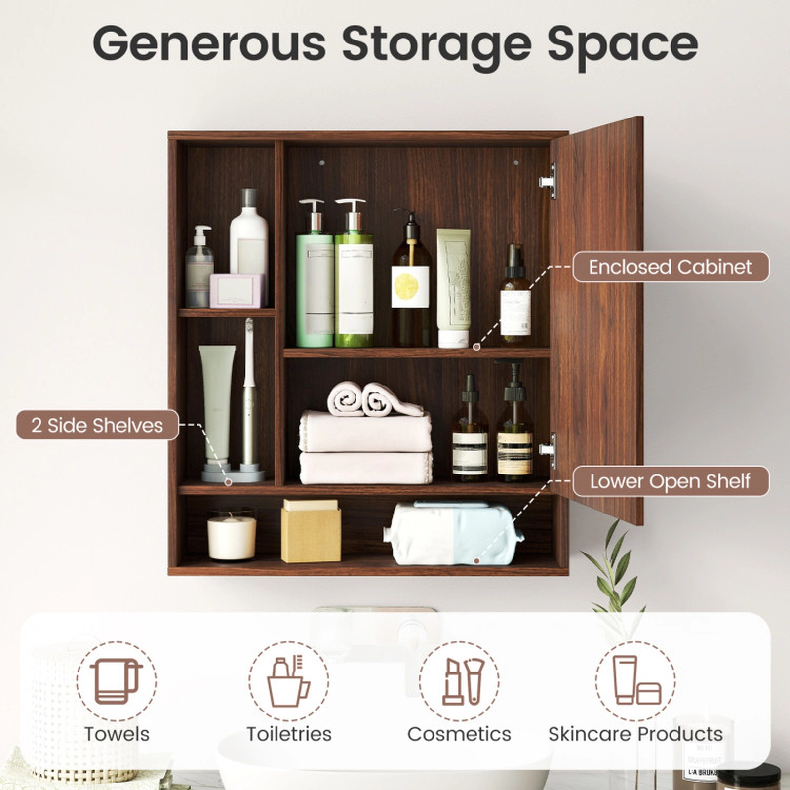 SUGIFT Walnut 176-lb Capacity Wall Mounted Bathroom Mirror Cabinet with Single Door and Open Shelves