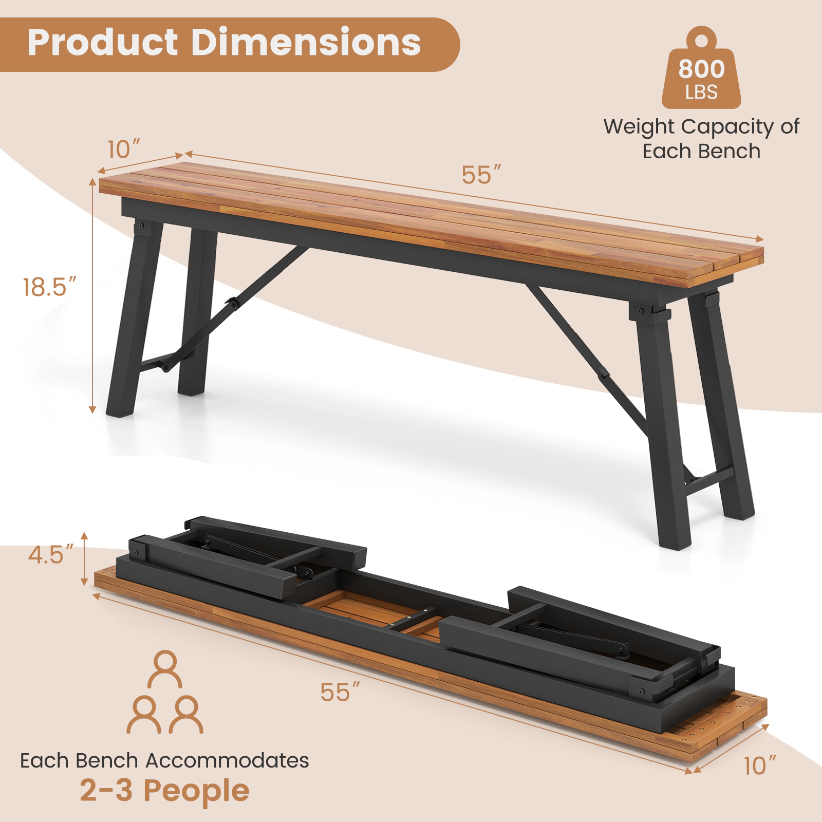 Hivvago Folding Picnic Bench Set Rectangular Acacia Wood Dining Camping Bbq Benches
