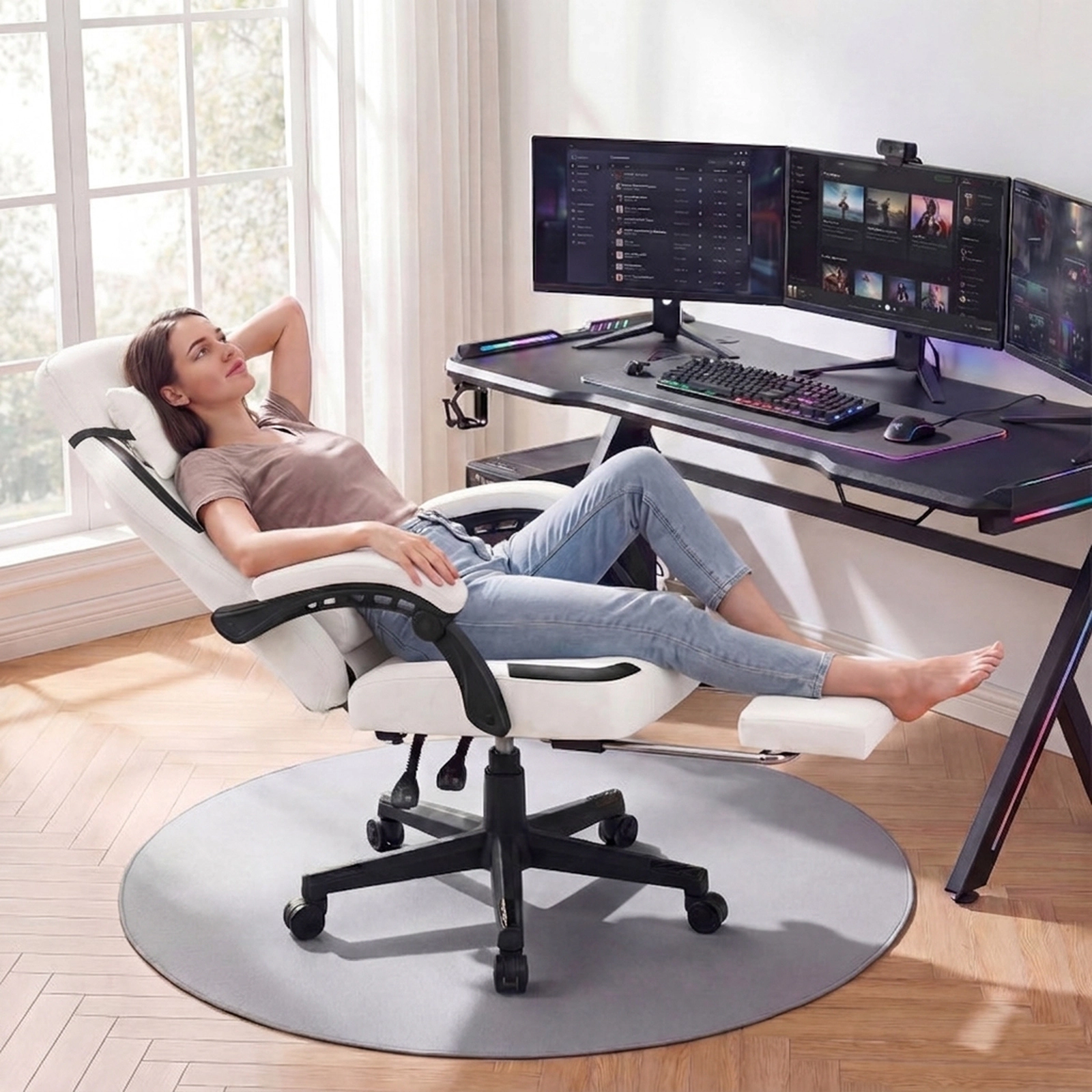 SUGIFT Ergonomic Full-Body Support Video Game Chair with Headrest and Retractable Footrest 330-lb Capacity Beige/Gray