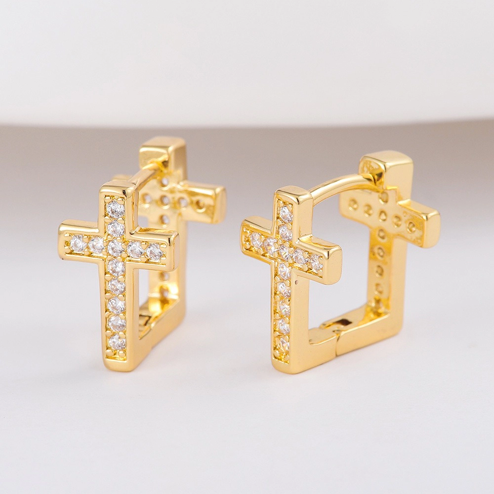 Plated Paved Cubic Zirconia Cross Huggie Hoop Earrings