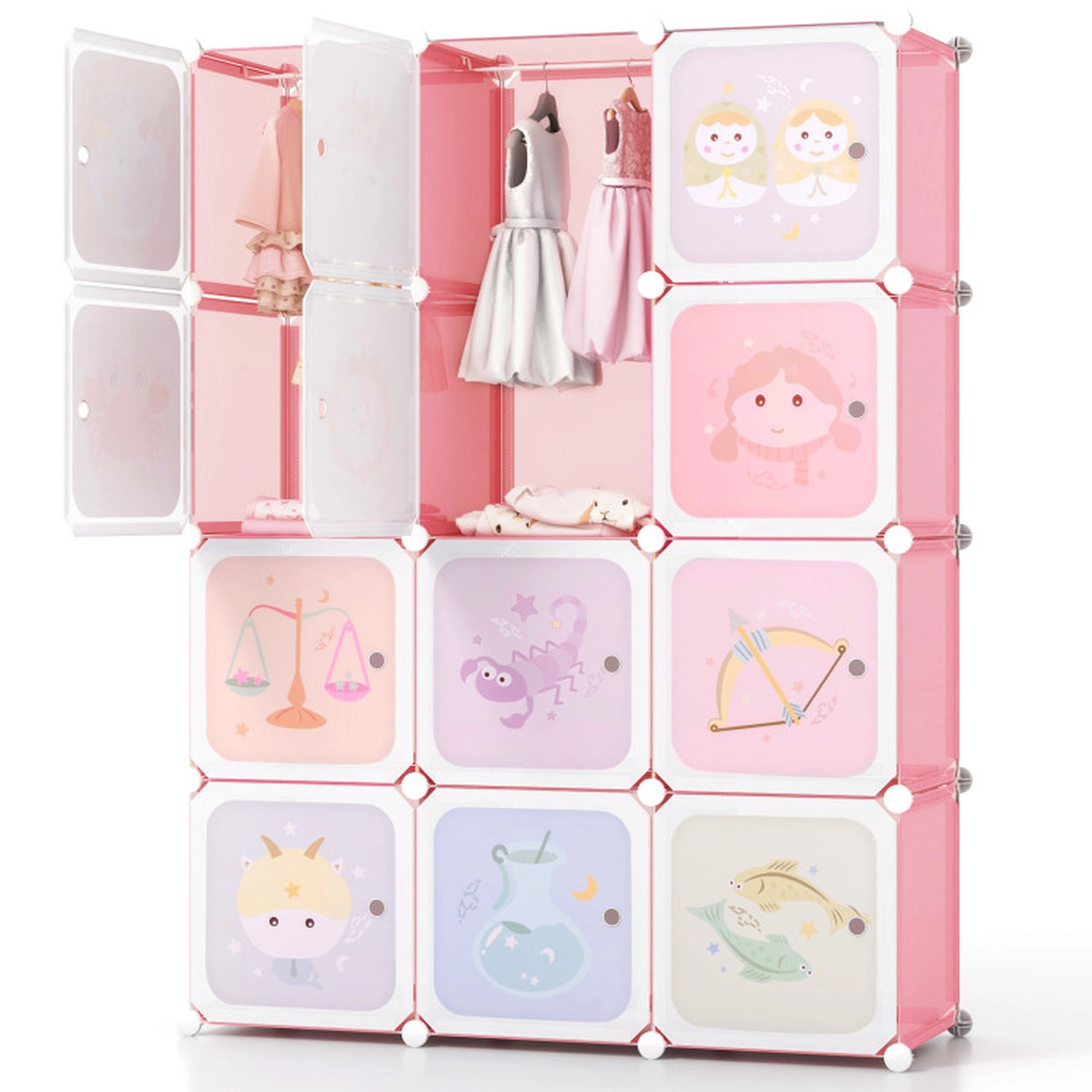 SUGIFT Kids 12-Cube Printed Doors Hanging Section Modular Wardrobe Closet 43-in x 14-in x 57-in 22-lb per Cube Pink
