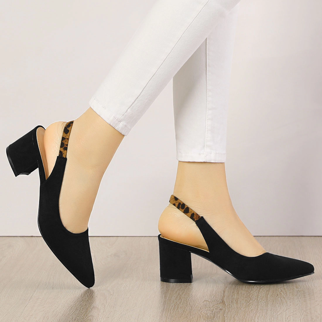 BLISSFUL STEP Women's Pointed Toe Block Heel Slingback Heels Pumps
