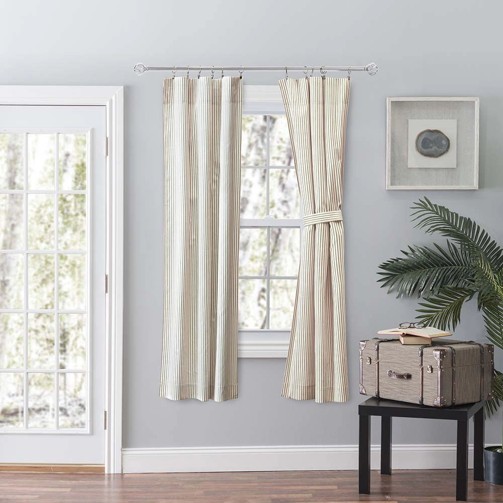 Ellis Curtain Plaza Classic Ticking Stripe Printed 3" Rod Pocket Tailored Panel Pair with Tiebacks 56" x 63" Tan