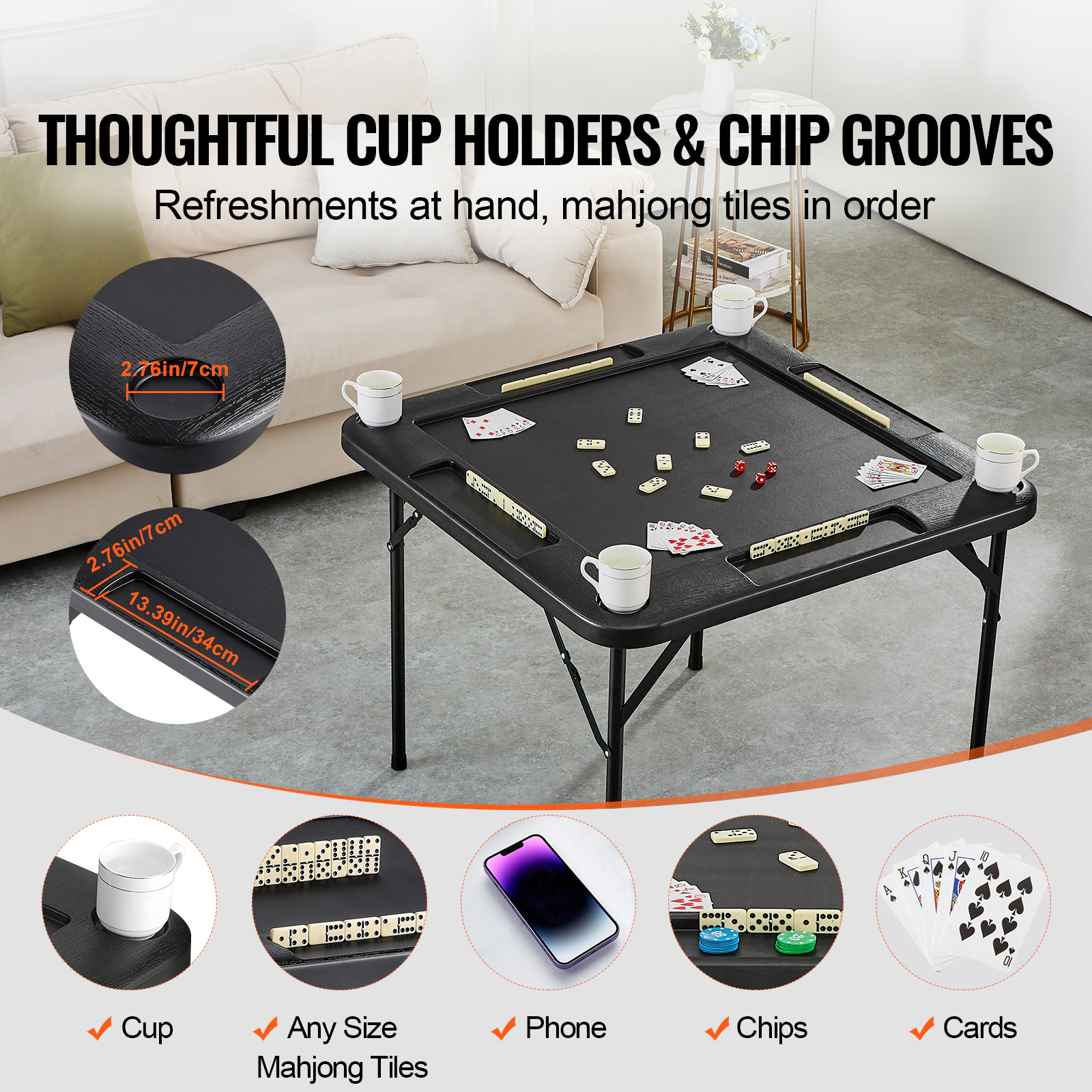 HONGGE 35.4-Inch Square Folding Game Table for Mahjong, Cards & Dominoes with 4 Cup Holders & Chip Trays, Black