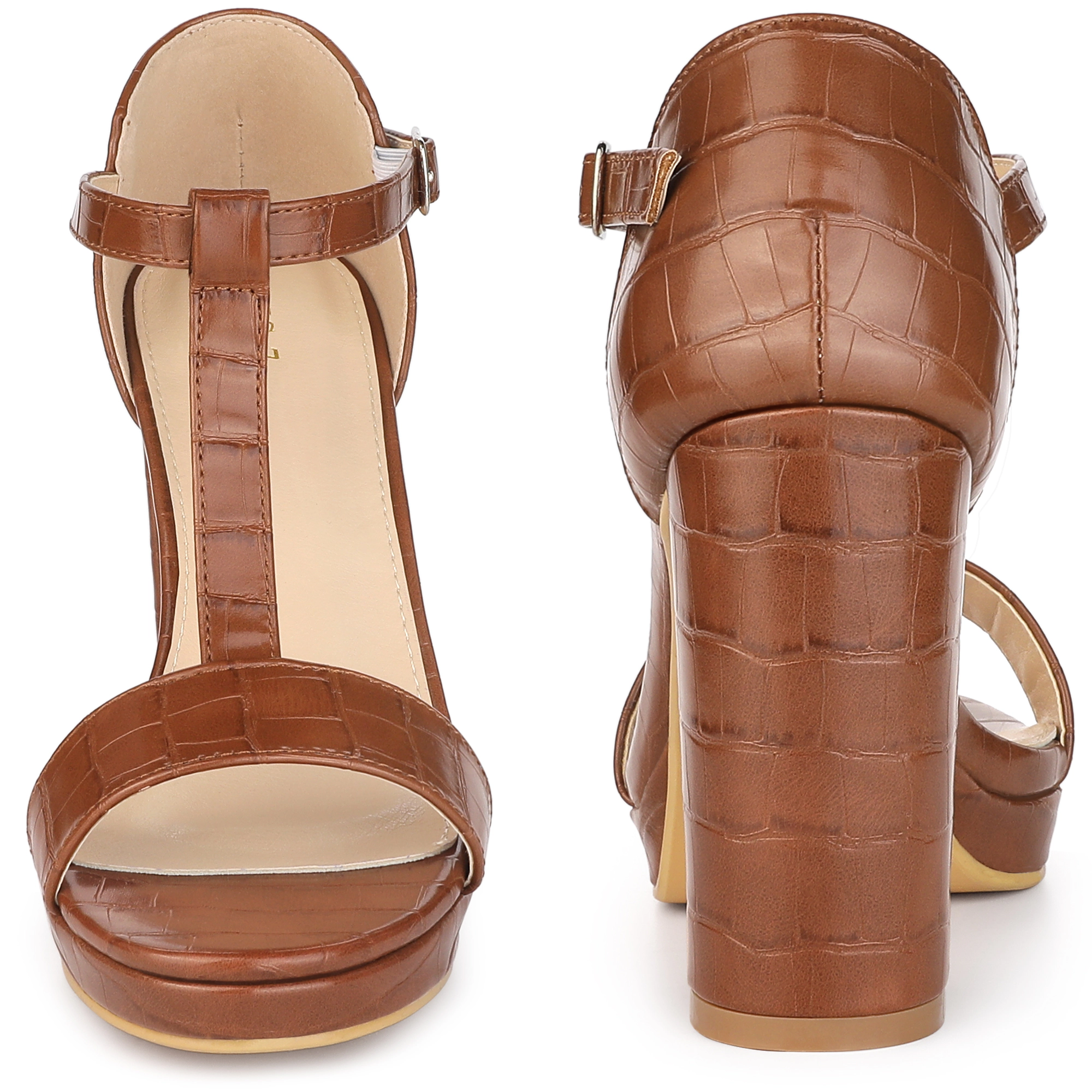 BLISSFUL STEP Women's Print Embossed Platform Ankle T Strap Chunky Heel Sandals
