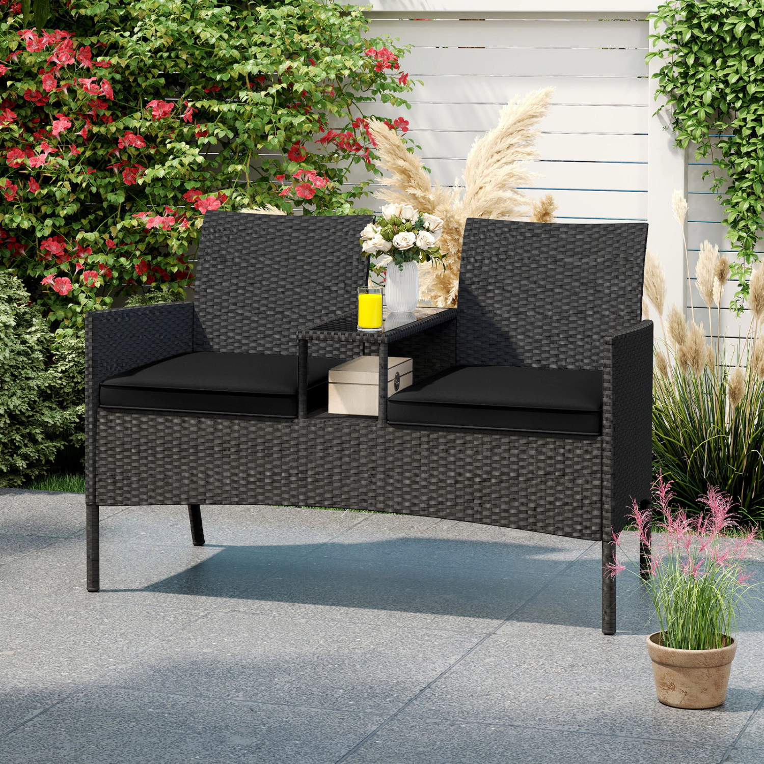 LJG Patio Loveseat with Built-in Table for Backyard Porch
