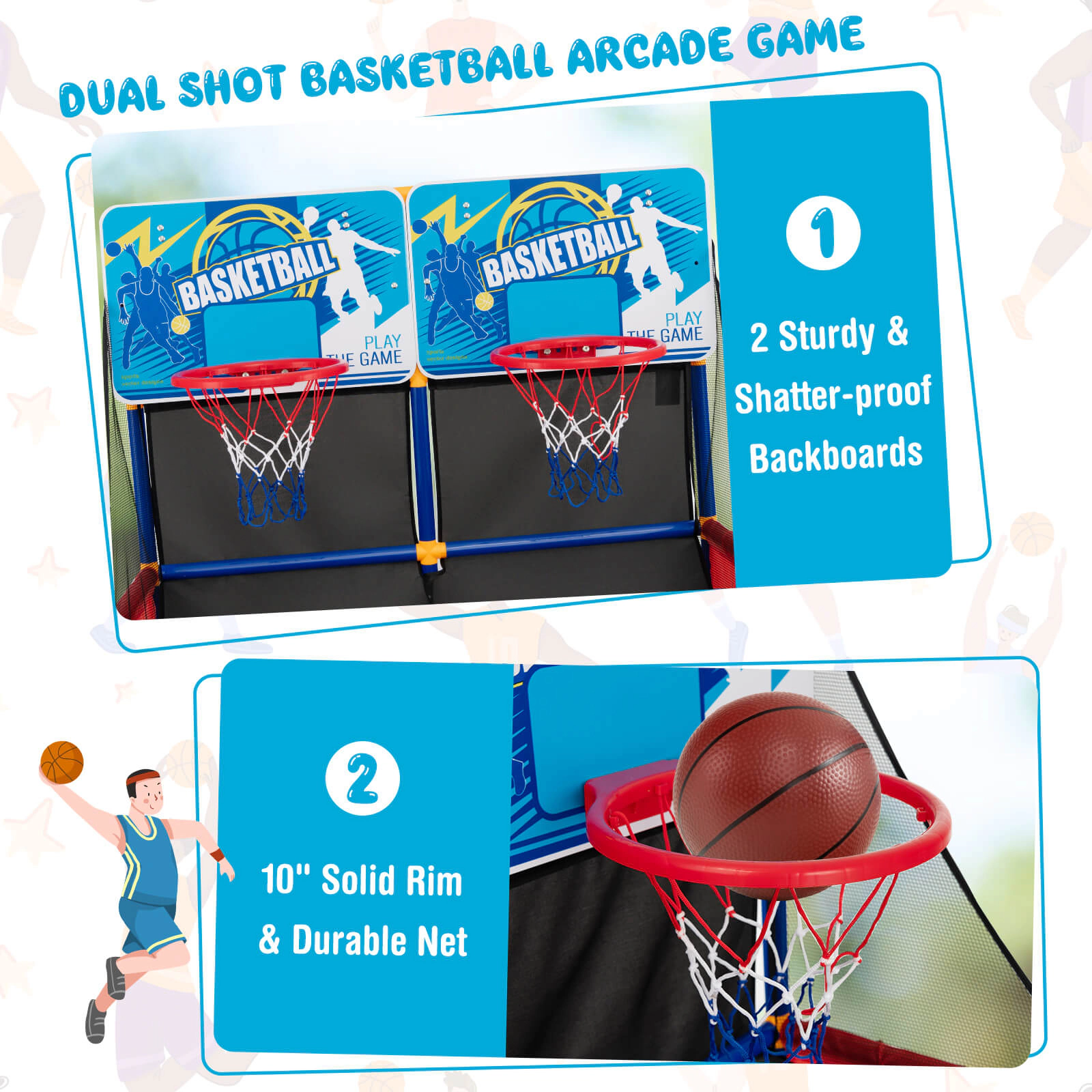 SUGIFT 55-in Kids Arcade Basketball Game Set with Dual Hoops Blocking Net 4 Basketballs and Ball Pump