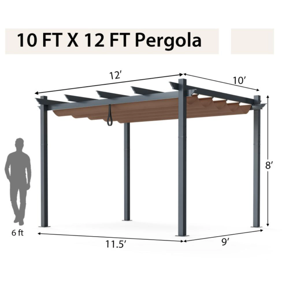 Hivvago 10 x 12 Feet Outdoor Aluminum Retractable Pergola Canopy Shelter Grape Trellis-Coffee
