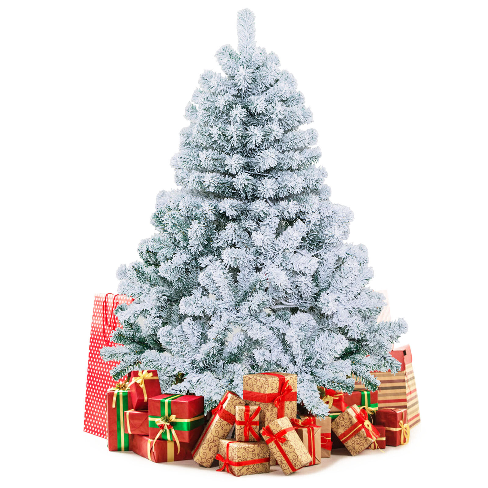SUGIFT 4.5 ft Pre-Lit Snow Flocked Christmas Tree with 295 Branch Tips and 150 LED Lights