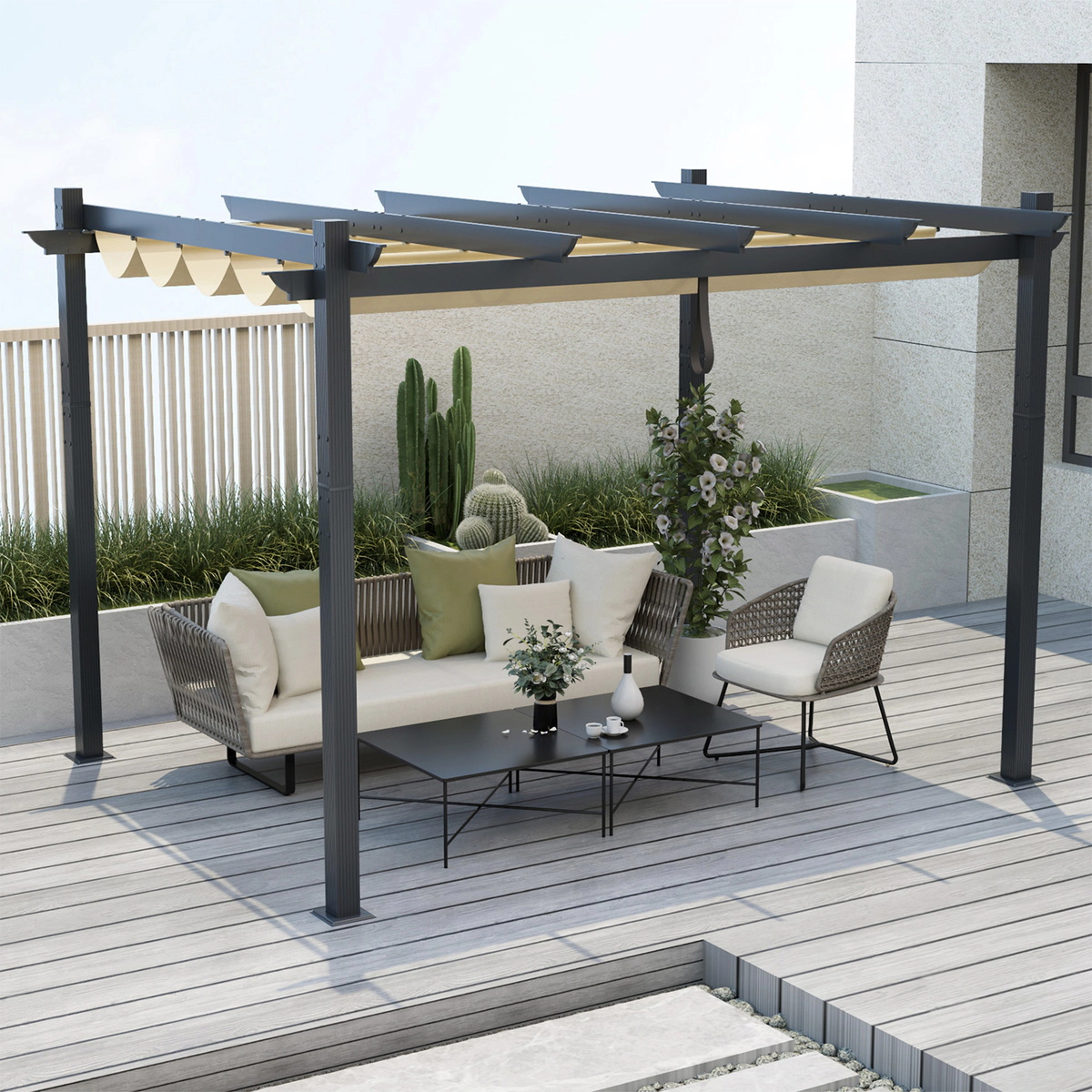 SUGIFT Outdoor Aluminum Retractable Pergola Canopy Shelter 10 x 12-ft Shade with Metal Feet Grape Trellis Beige