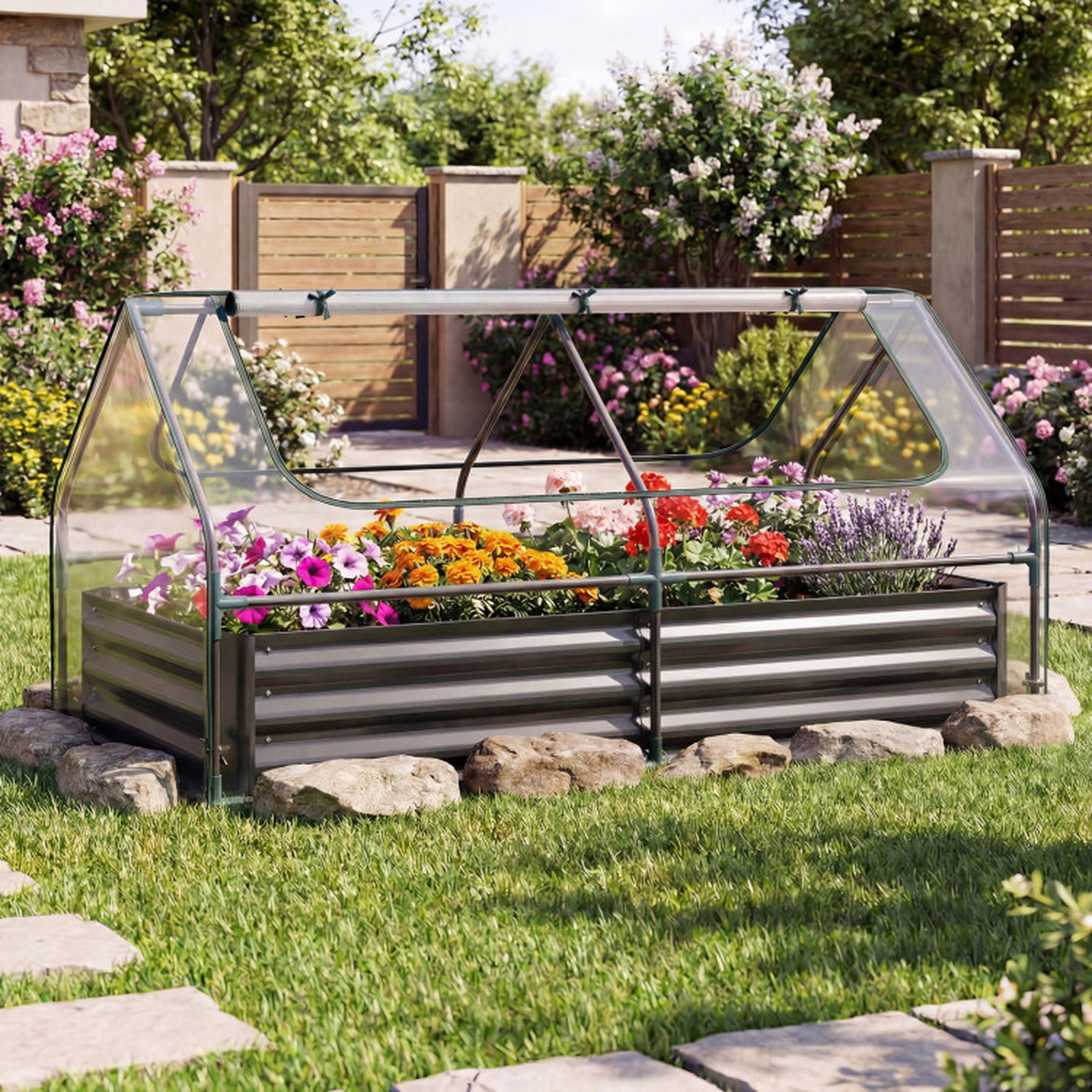 SUGIFT Mini Greenhouse Raised Garden Bed with PVC Cover Black
