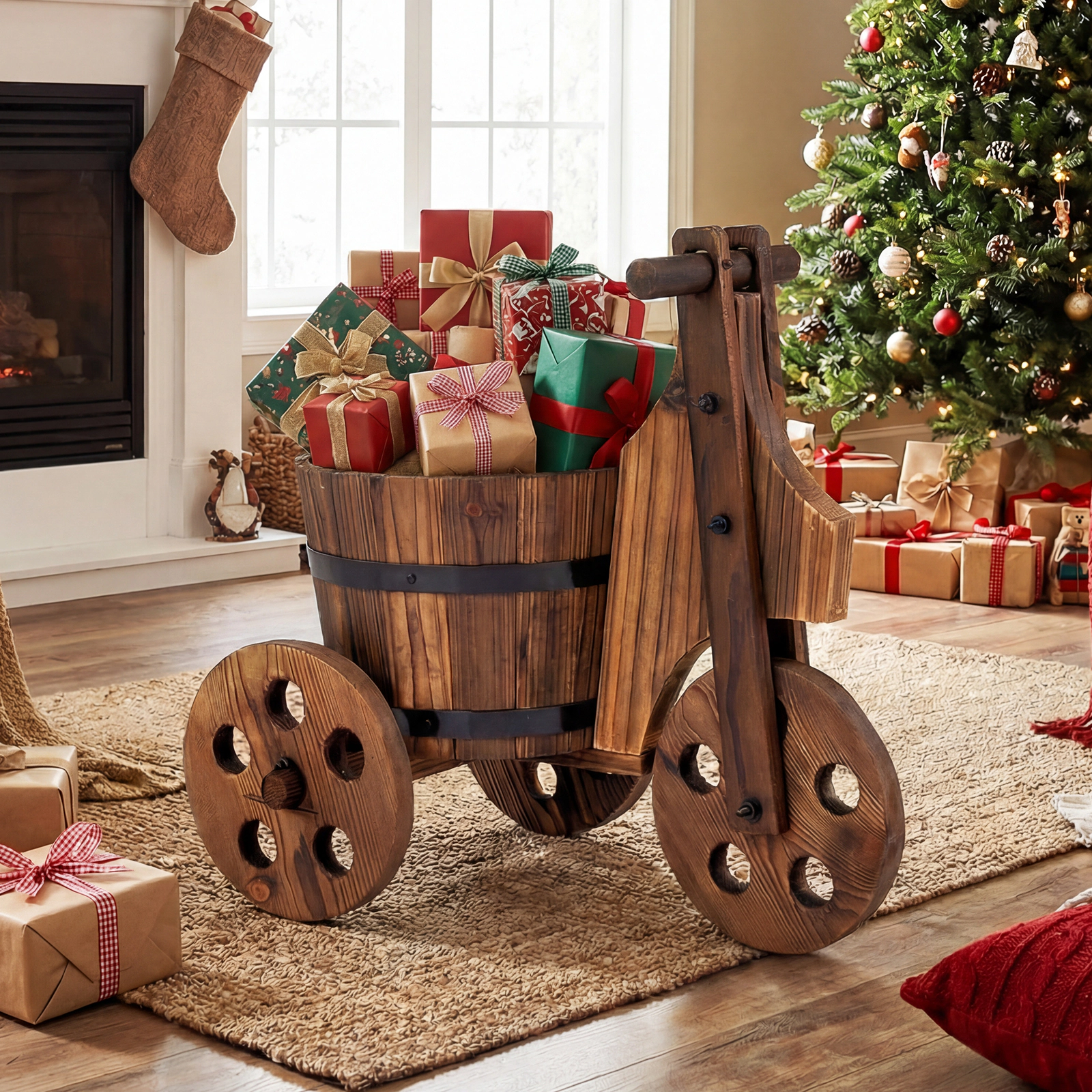 LJG Rustic Wood Tricycle Planter Barrel Flower Pot Cart with Drainage Hole