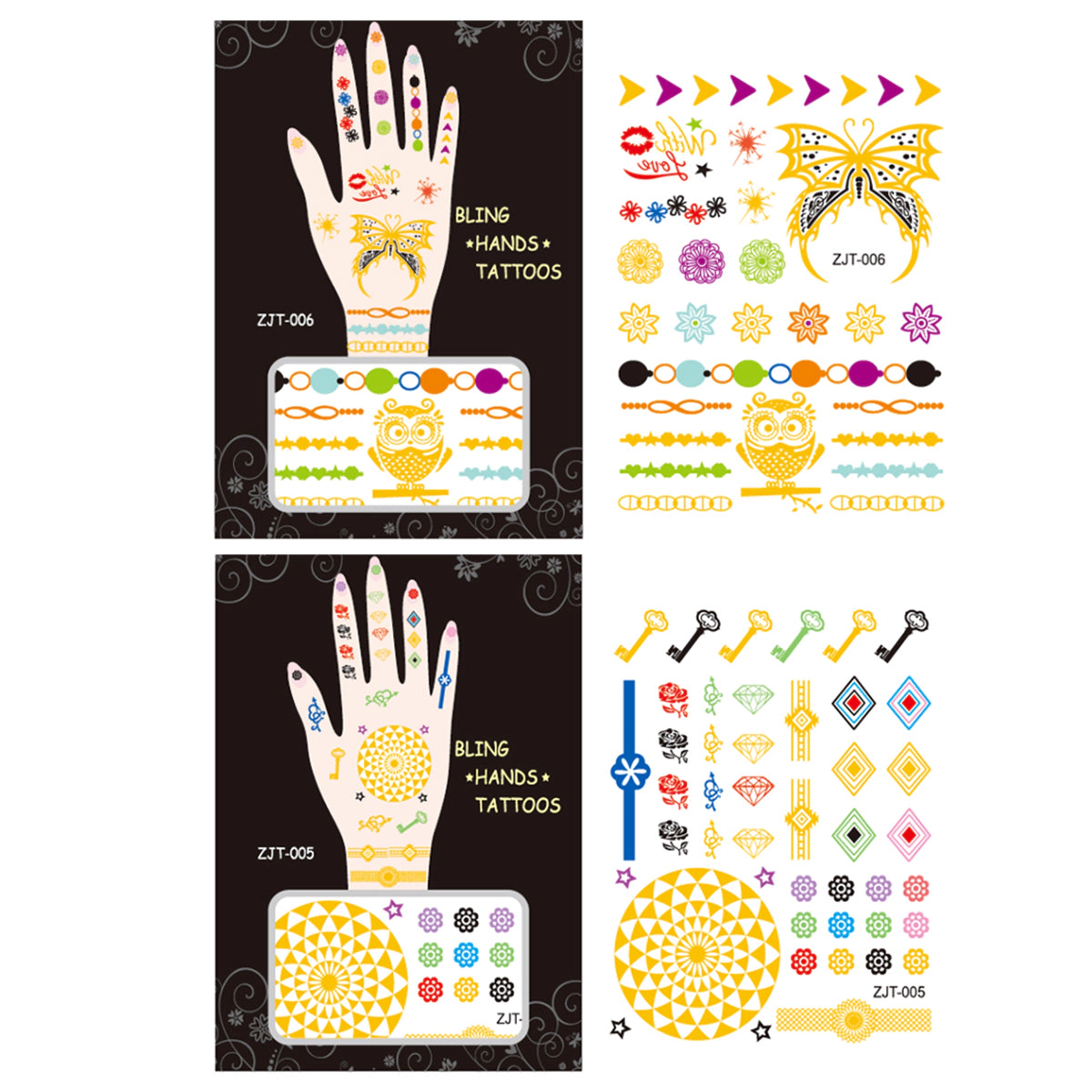 Wrapables Trendy Temporary Metallic Hand Tattoos, Butterfly, Owl, Geocircle