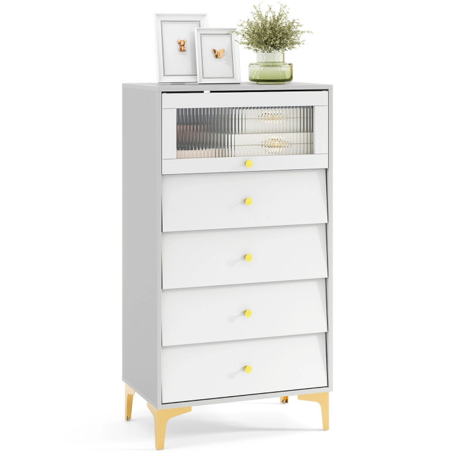 SUGIFT 44.5-in 4-Drawer Modern Accent Storage Cabinet with Fluted Glass Door for Bedroom and Entryway