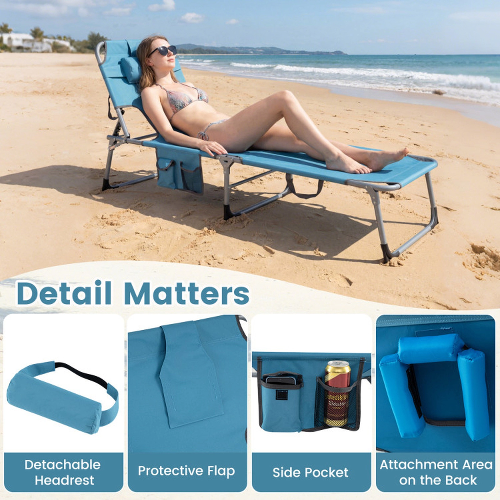 SUGIFT 4-Position Backrest 2-Position Footrest Set of 2 Portable Tanning Chaise Lounge Chairs