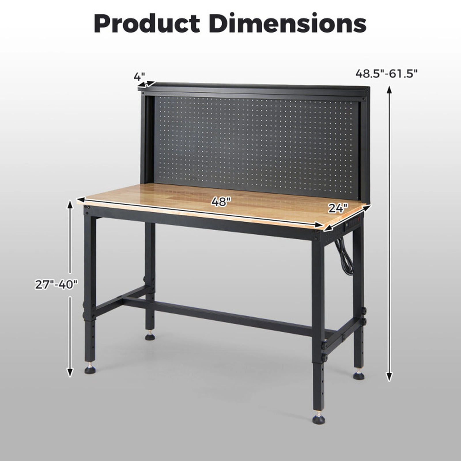 SUGIFT 48-in 2000-lb Capacity Rubber Wood Workbench with 4 AC Outlets 2 USB Ports and Pegboards