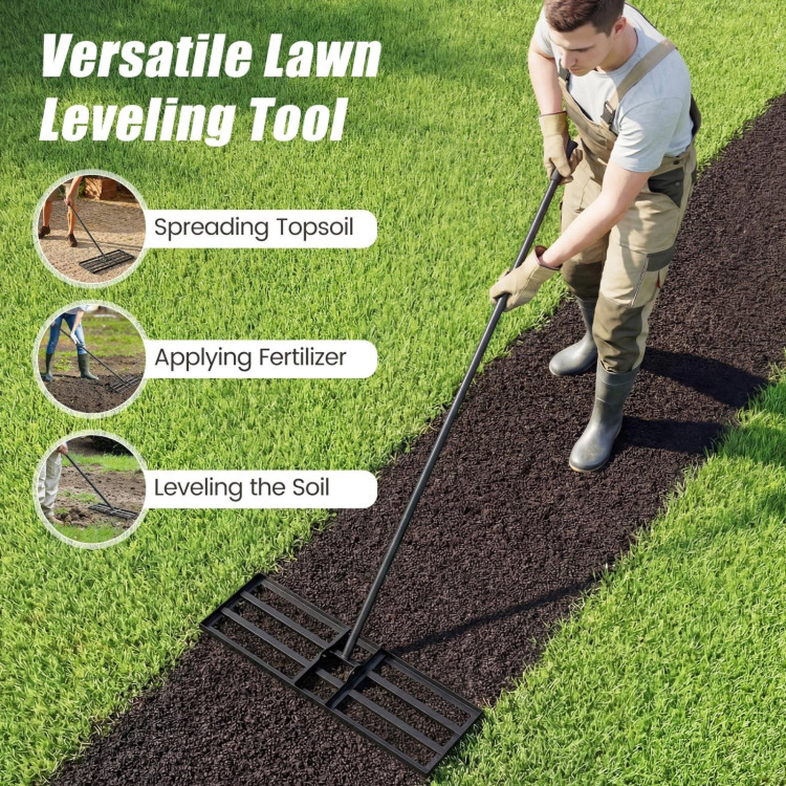SUGIFT Heavy Duty Lawn Level Tool Lawn Leveling Rake with 69-in Handle 30 x 10-in Plate Green Black Silver