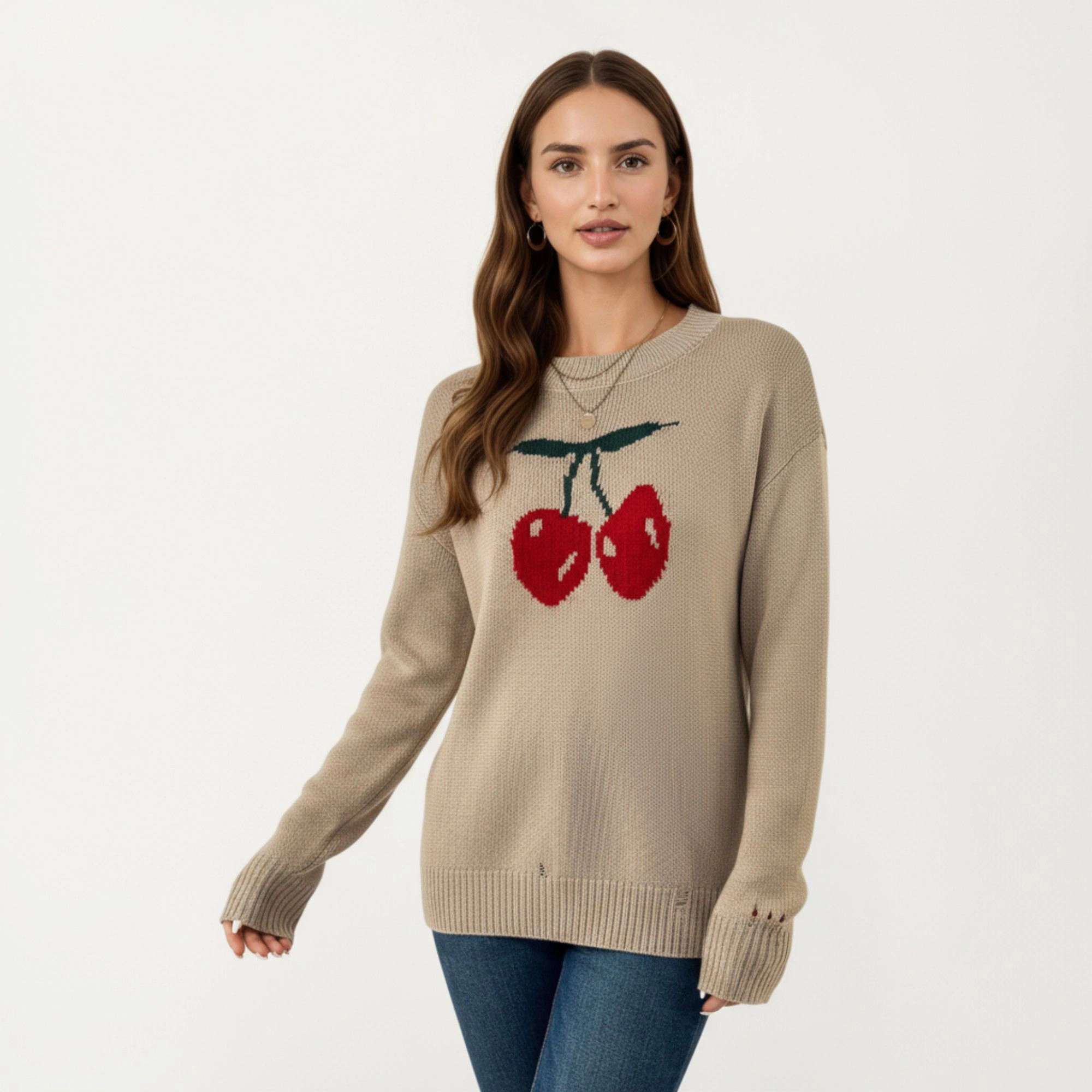 Anna-Kaci Women's Long Sleeve Knit Sweater with Cherry Graphic Design and Ribbed Trim