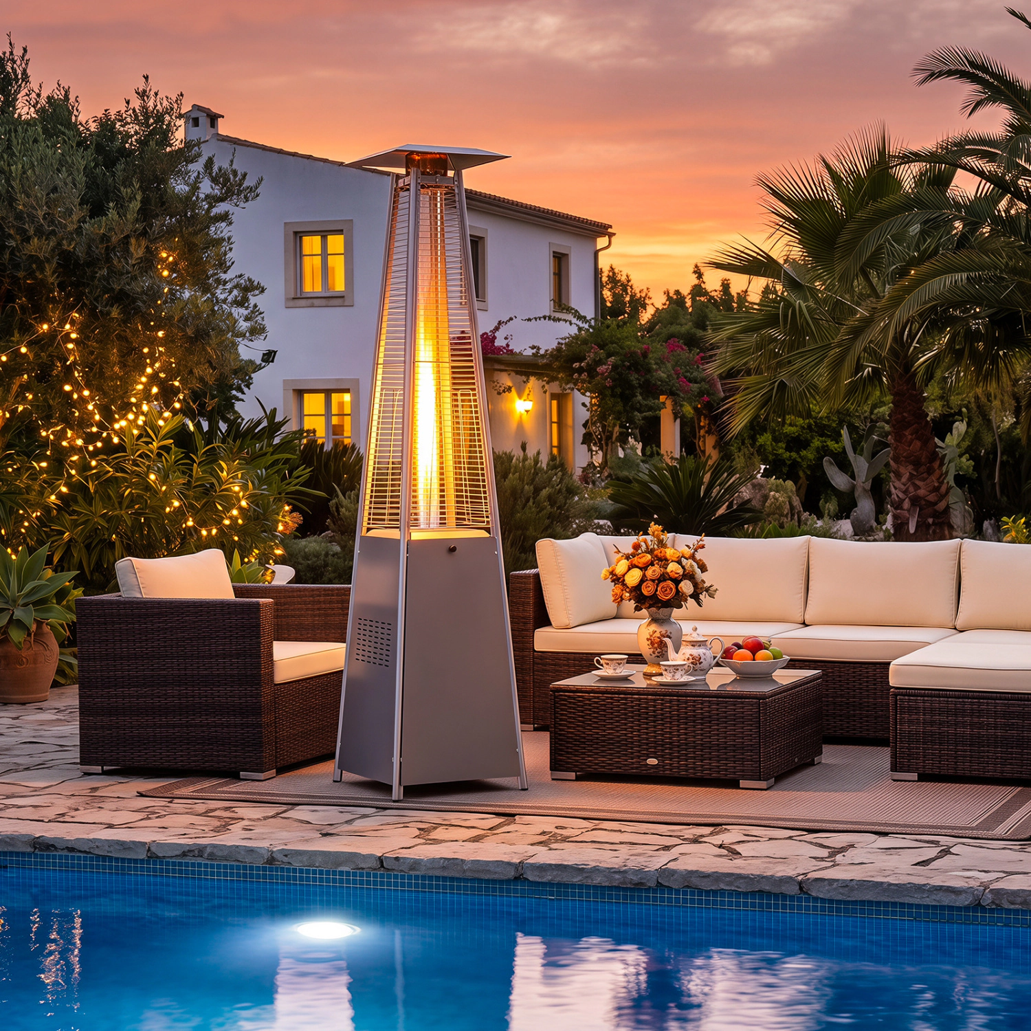 LJG 45000 BTU Pyramid Patio Heater with Zippered Cover Triple Safety Protection and Wheels