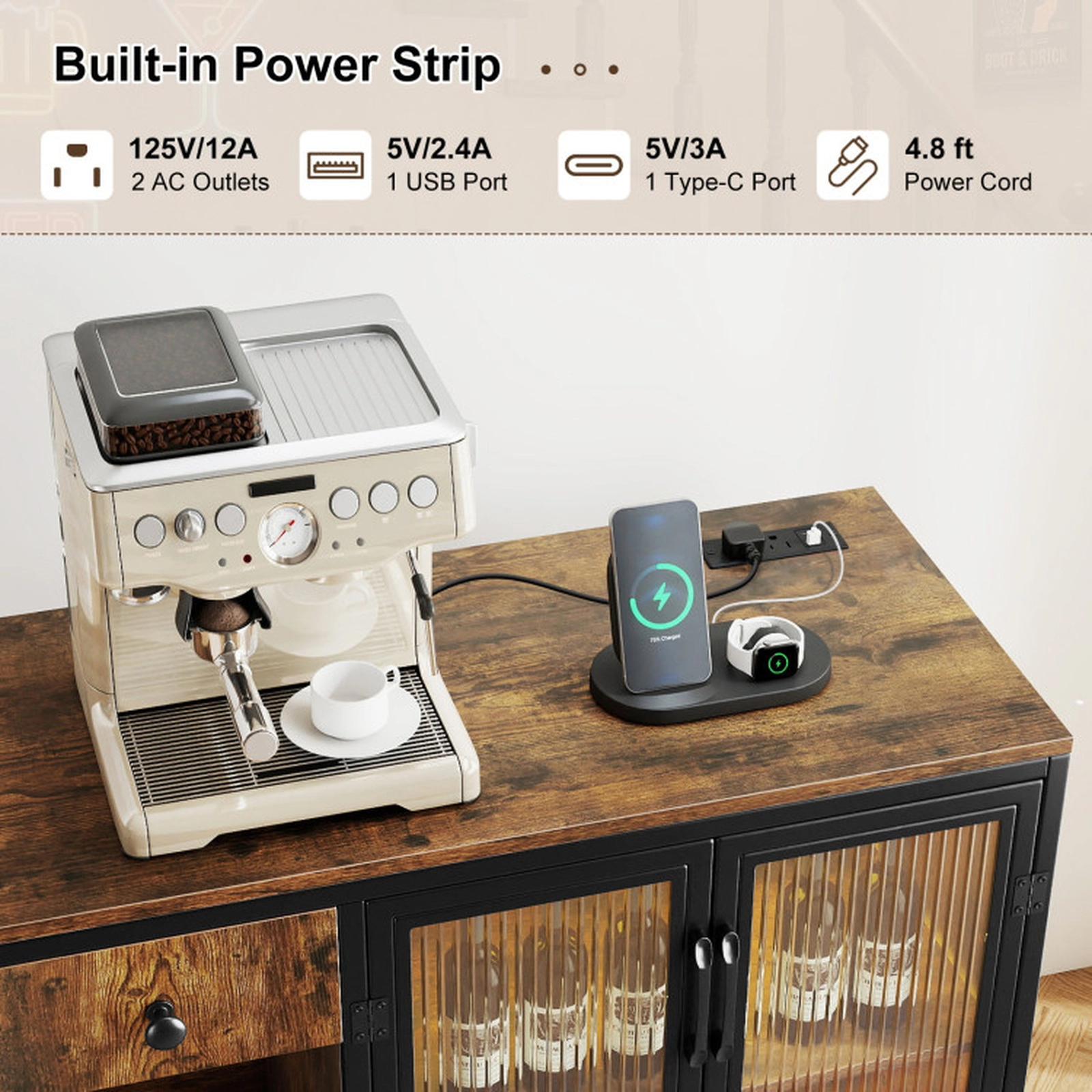 SUGIFT Power Outlets USB LED Light Glass Doors Buffet Sideboard 34-in x 16-in x 29-in 110-lb Capacity Rustic Brown