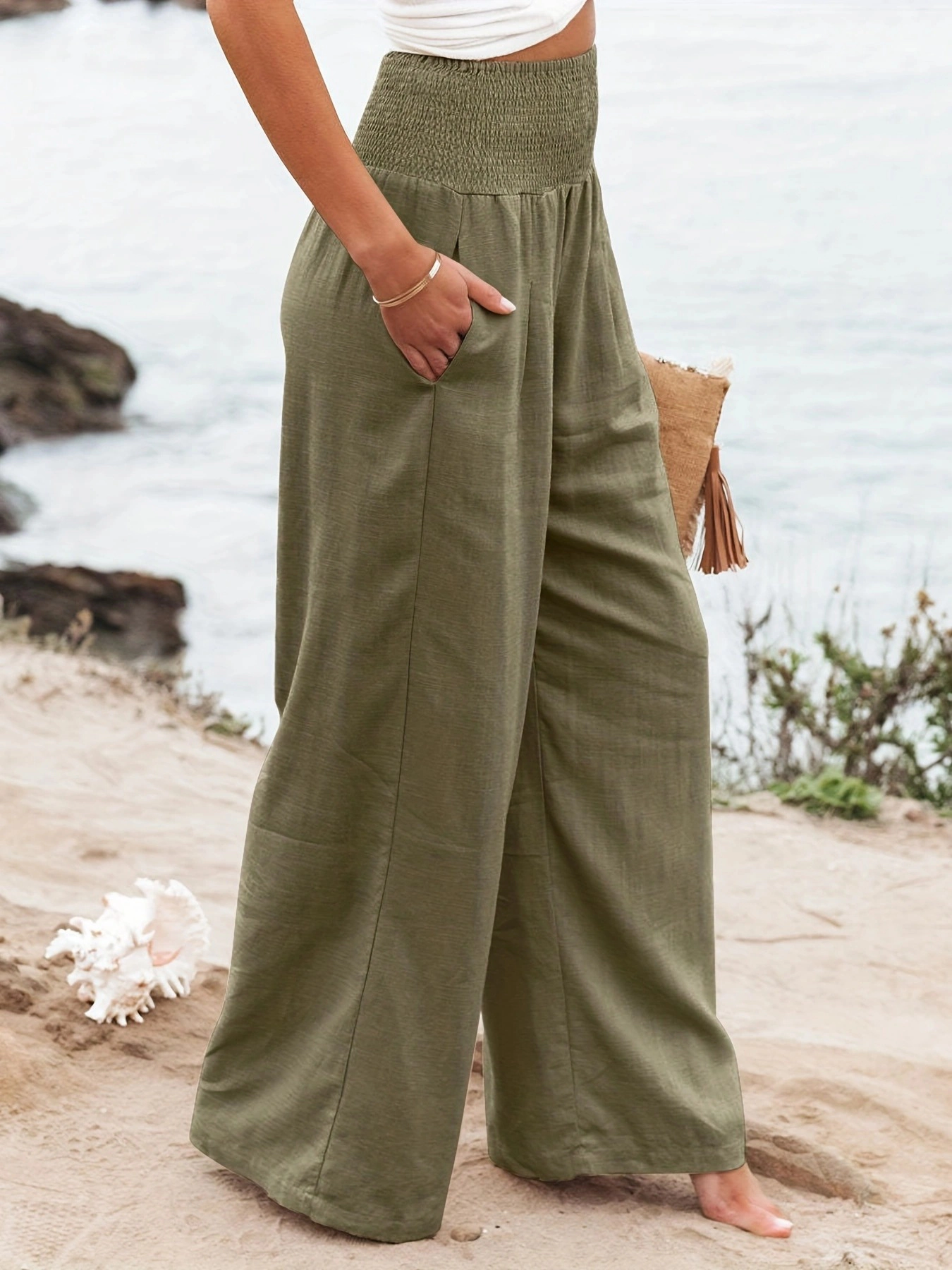 KOJOOIN Womens Elastic High Waisted Palazzo Pants Casual Wide Leg Trousers with Pocket