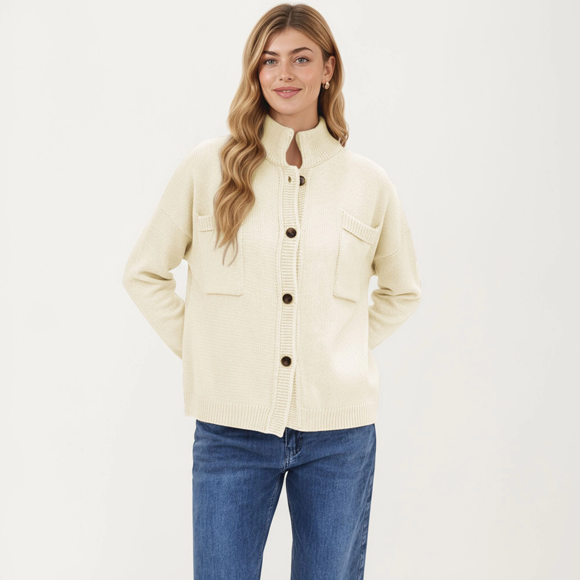 Anna-Kaci Women's Button Front Long Sleeve Knit Fashion Cardigan with Stand Collar and Pocket