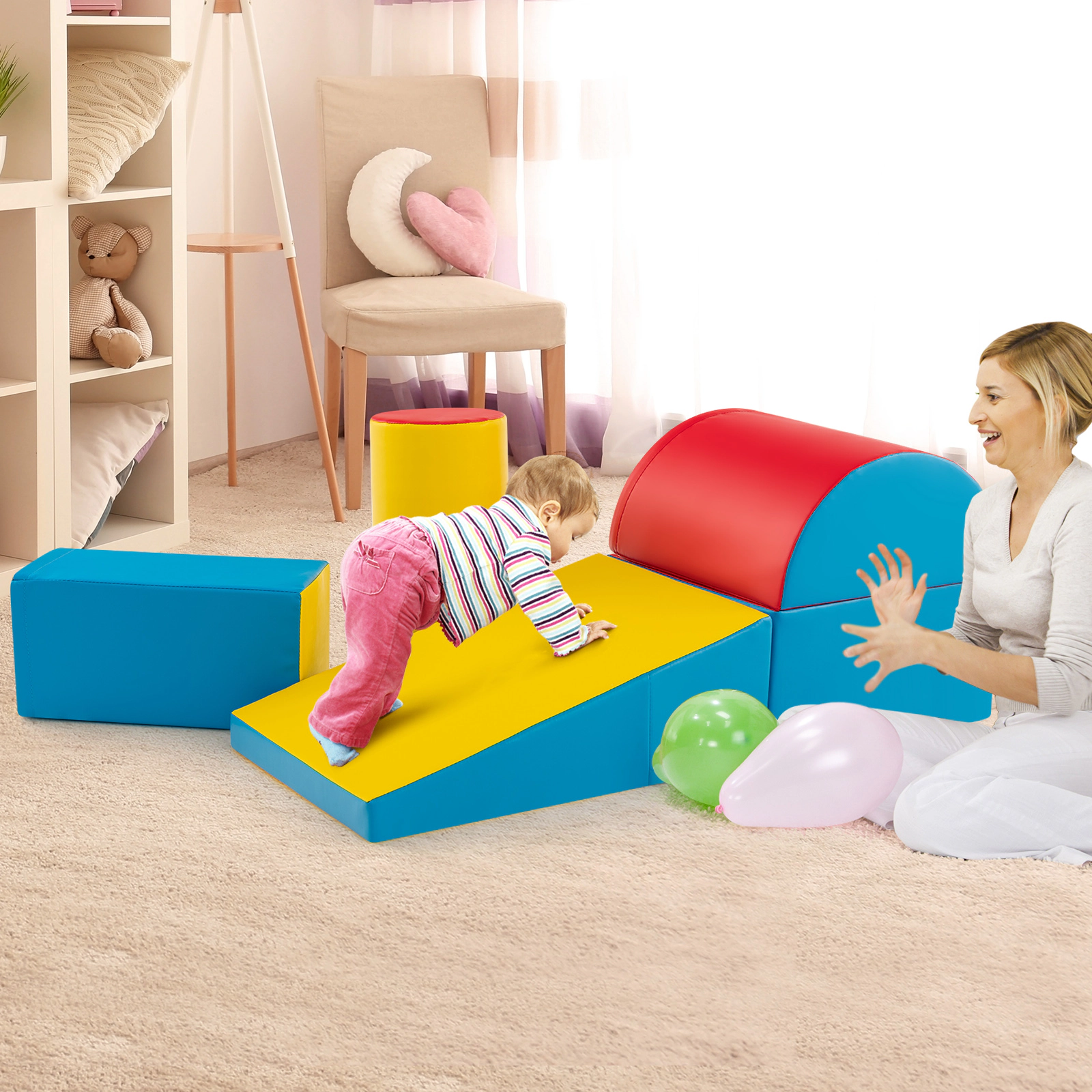 5-Piece Toddler Climbing Toys Indoor Foam Play Gym Climber Set Soft Crawl Course Zippered PU Covers Red