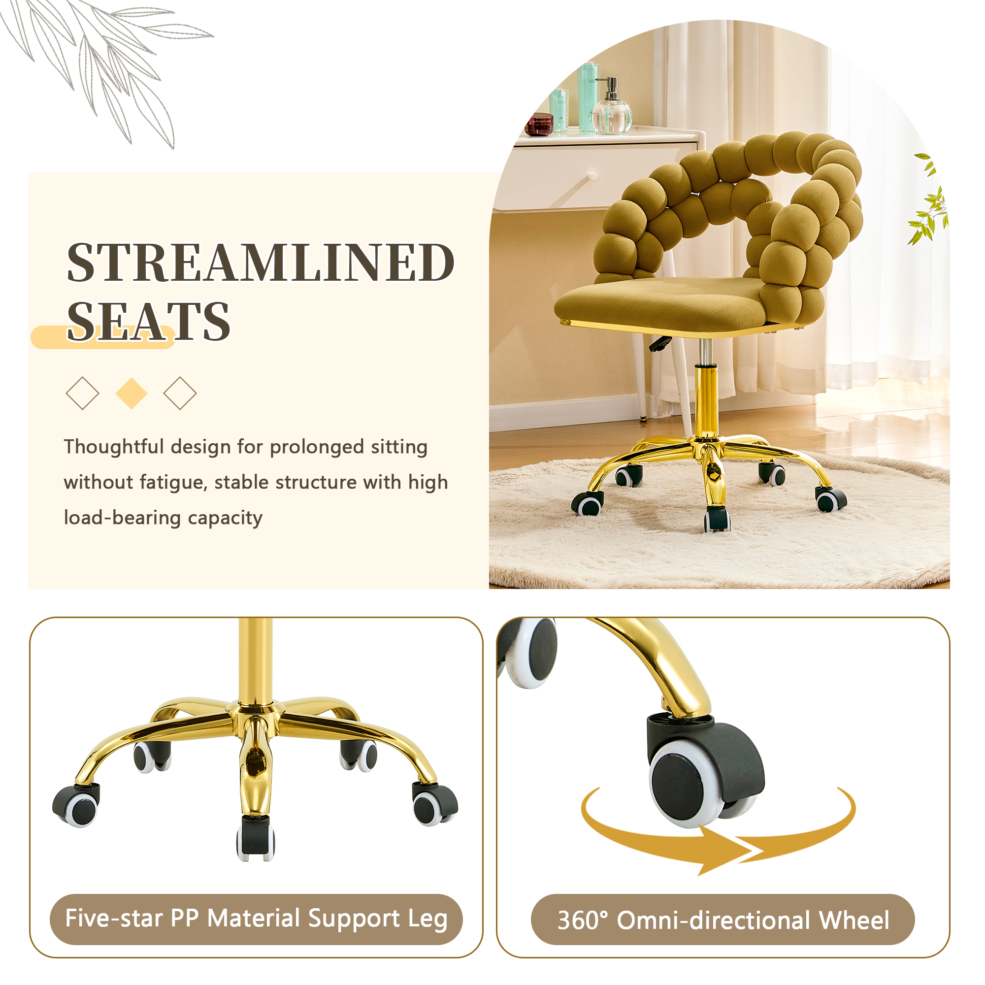Platinum-Level Office Chairs Mustard Yellow Velvet Bubble Back Swivel Vanity Chair with Gold Base
