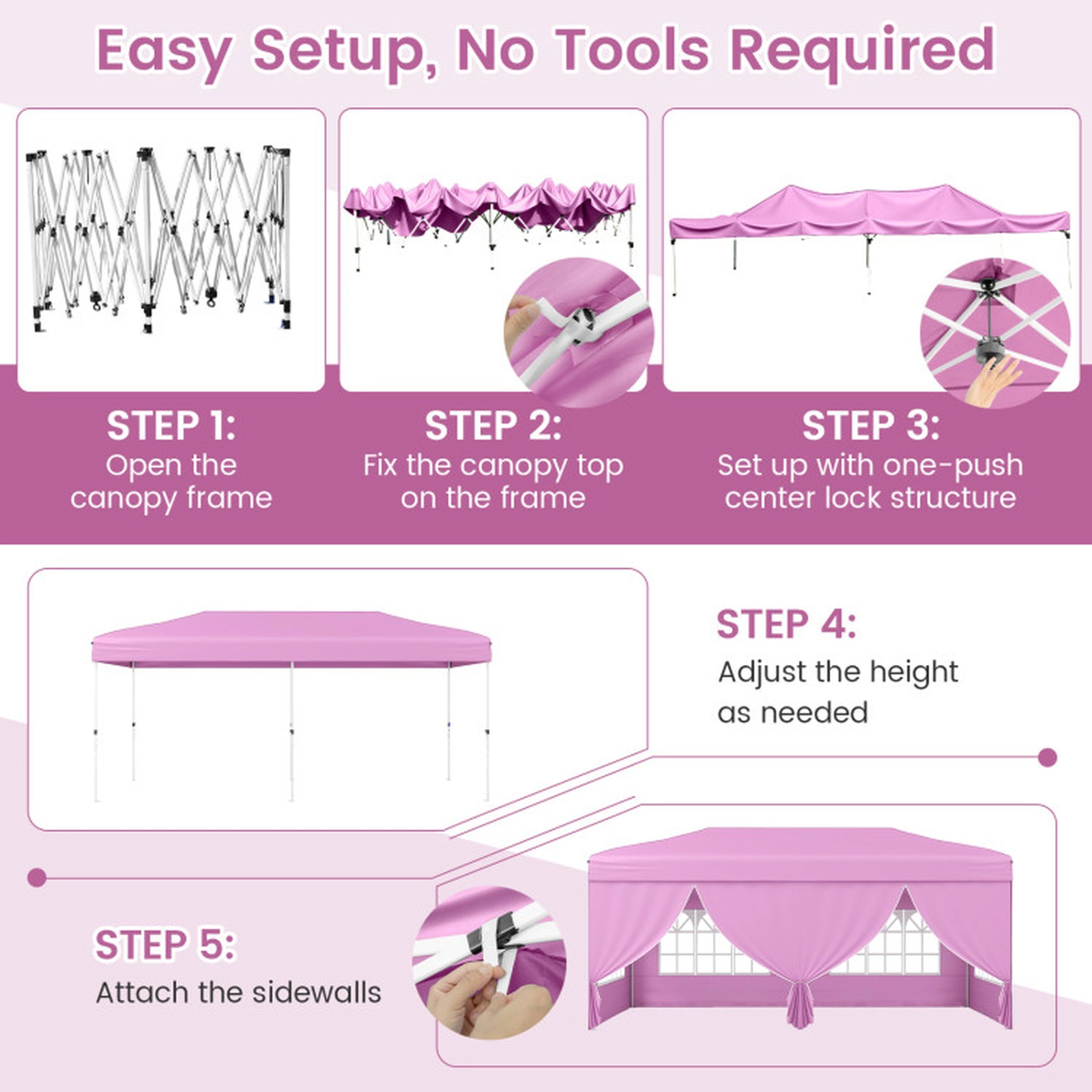 SUGIFT Pink 10-ft by 20-ft 3-Level UPF50+ Carbon Steel Pop Up Canopy Tent with 6 Sidewalls and Wheeled Bag