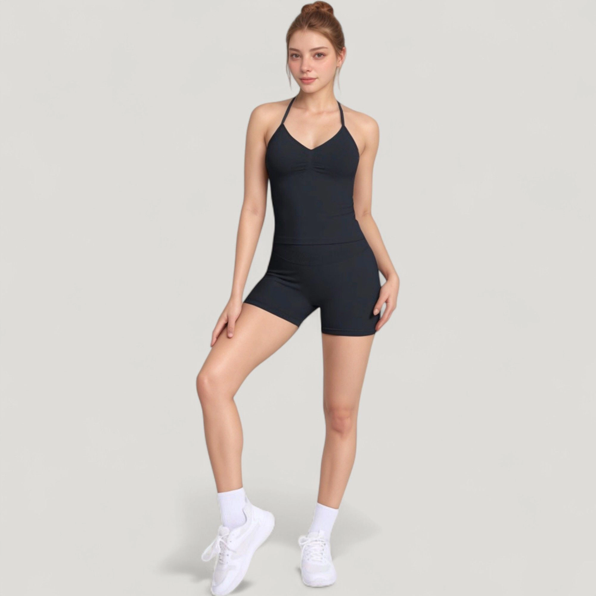 Anna-Kaci Women's Seamless Active Set with Halter Neck Top and Fitted Shorts