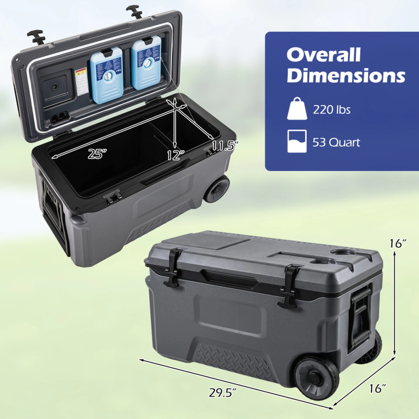 SUGIFT 53-Quart Gray Rolling Patio Cooler with Fish Ruler 29.5-in W 16-in D 16-in H 220-lb Lid Capacity