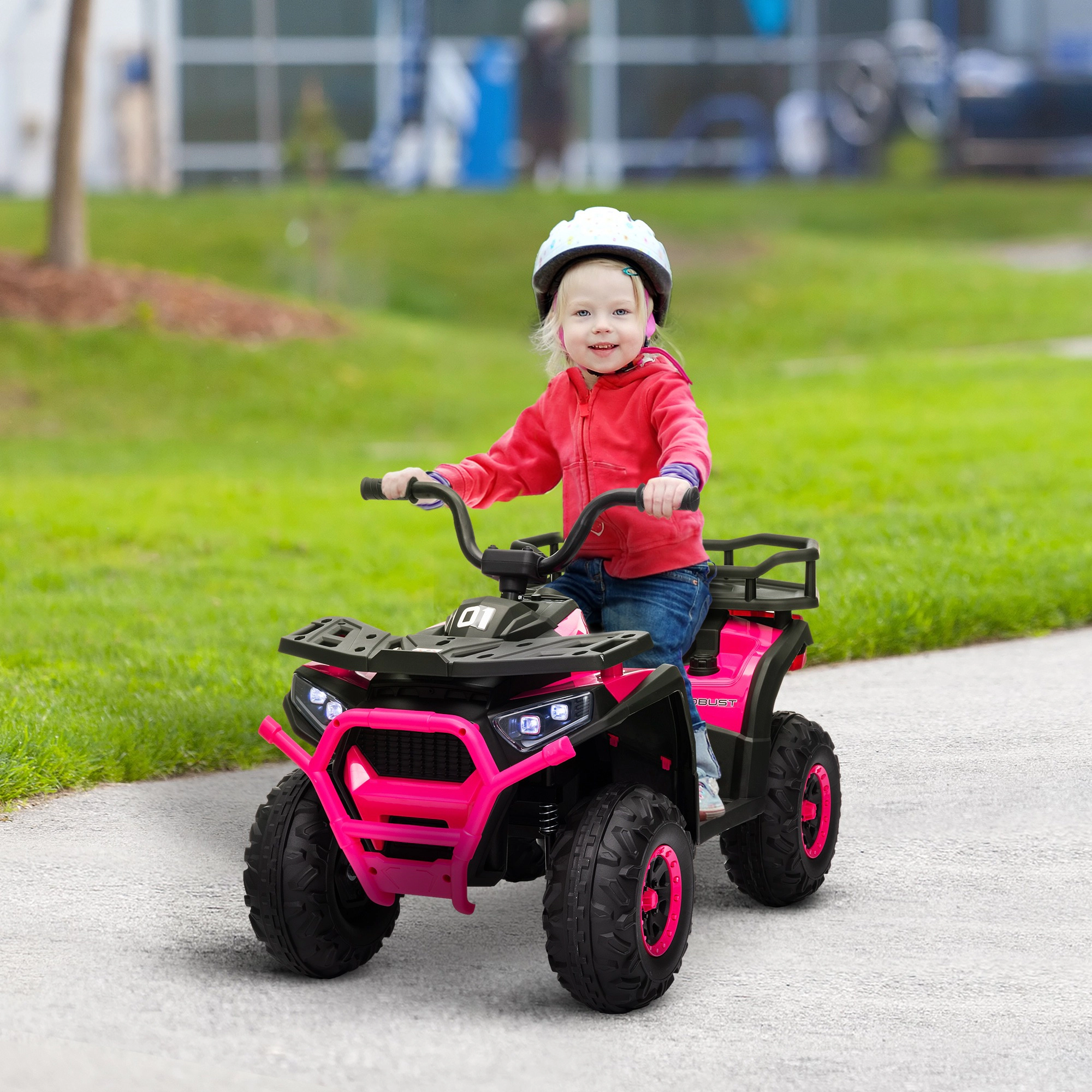 HONGGE Kids ATV Quad with 4-Wheel Suspension, Storage Basket, LED Lights and Music, Ages 3-5, Pink