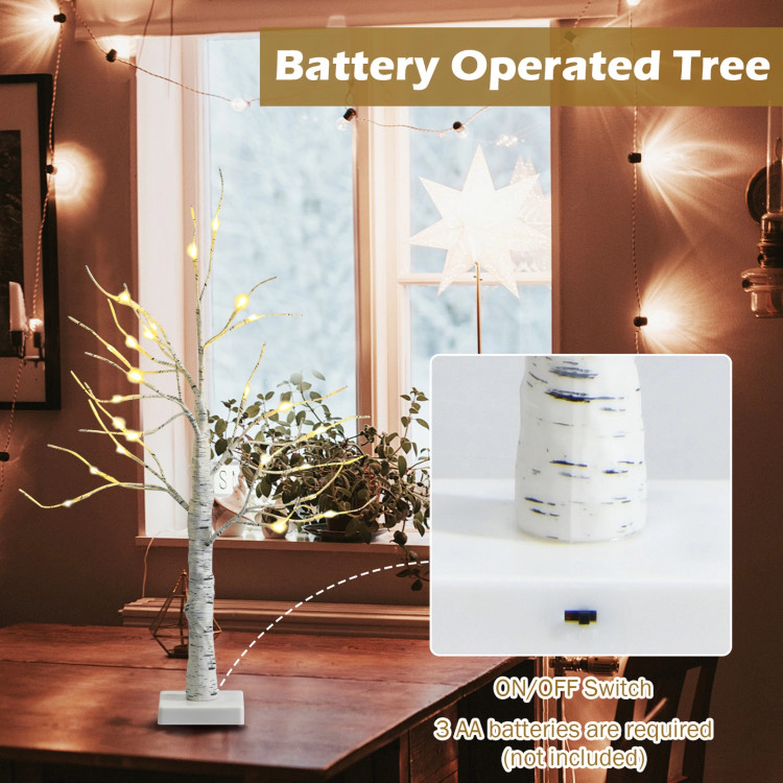 SUGIFT Pre-lit Twig Birch Tree Set Battery Powered White
