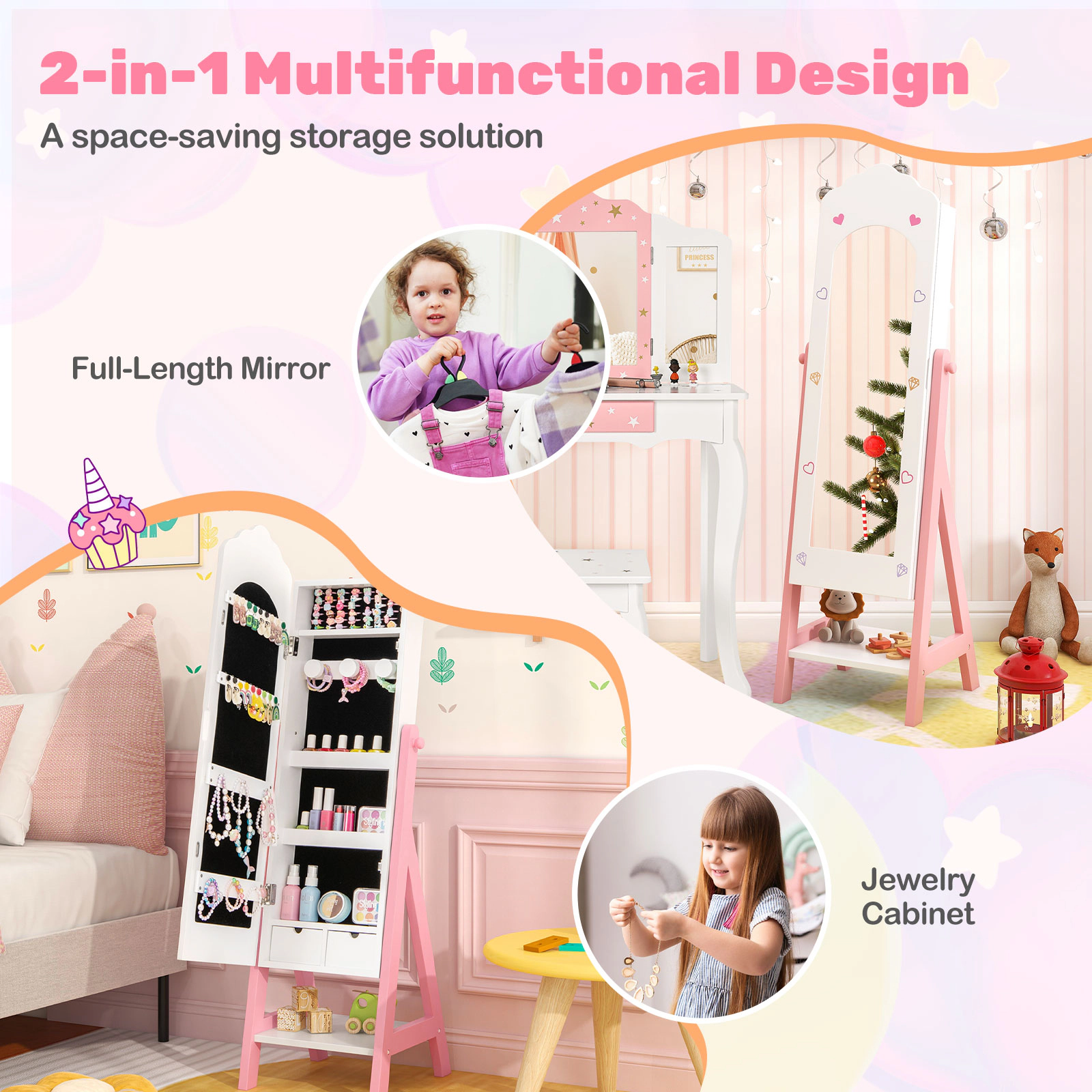 SUGIFT 2-Piece Kids Vanity Set with Tri-Fold Mirror Stool and Standing Jewelry Armoire Full-Length Mirror