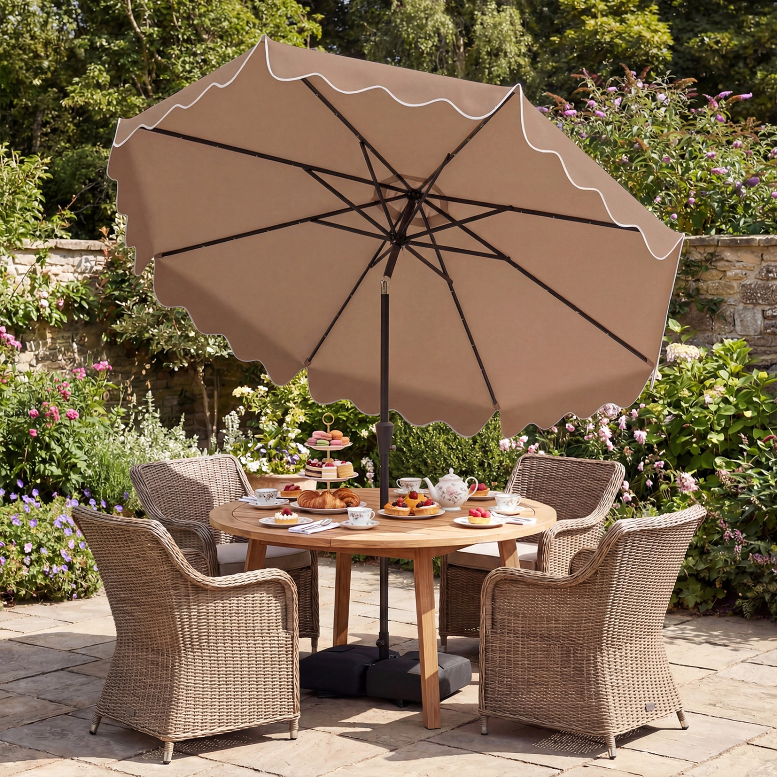 SUGIFT 10-ft Solar LED Outdoor Patio Umbrella with Crank Tilt Weighted Base and Sandbags 20-lb Net Weight Brown