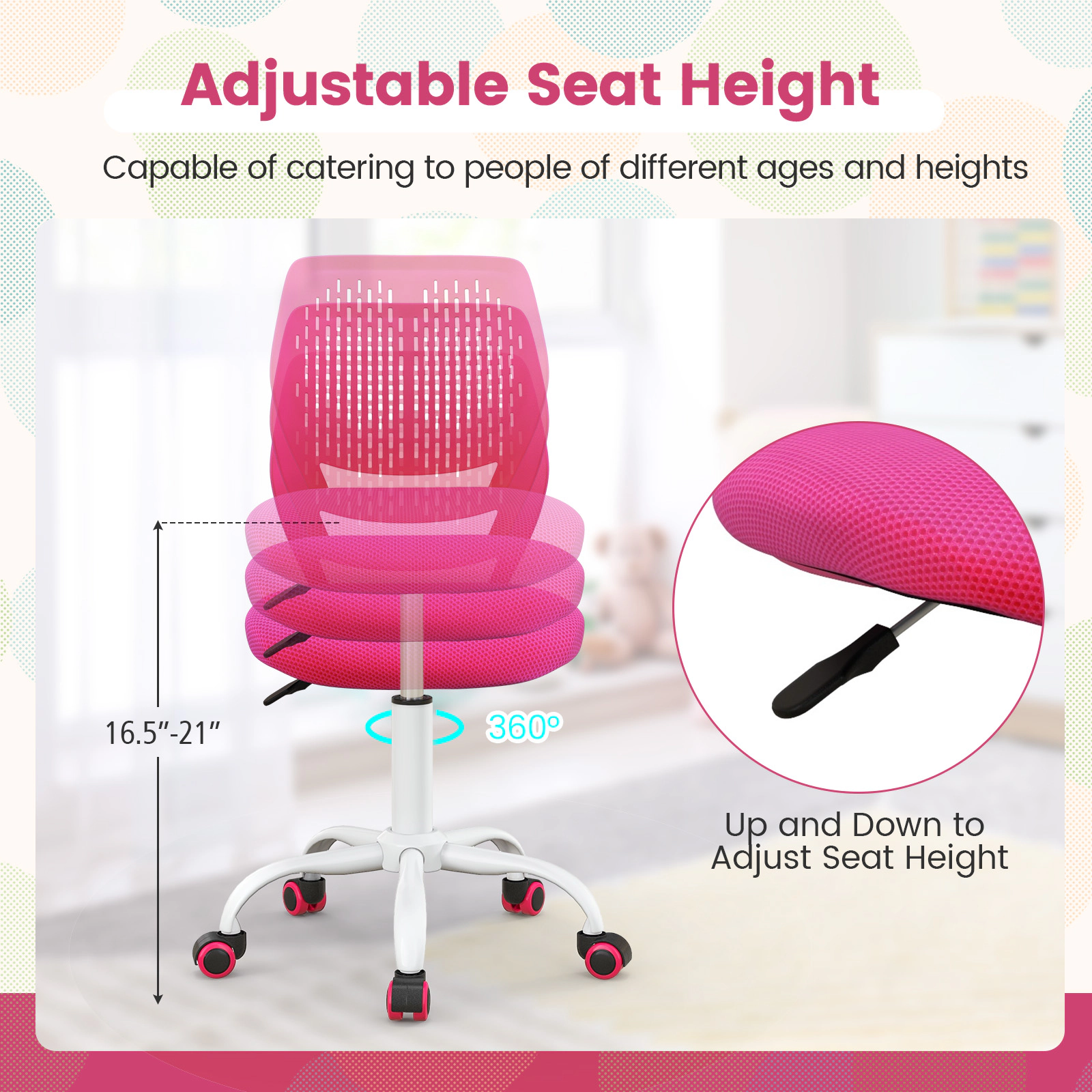 SUGIFT Pink Breathable Mesh Back and Adjustable Seat Ergonomic Kids Study Chair