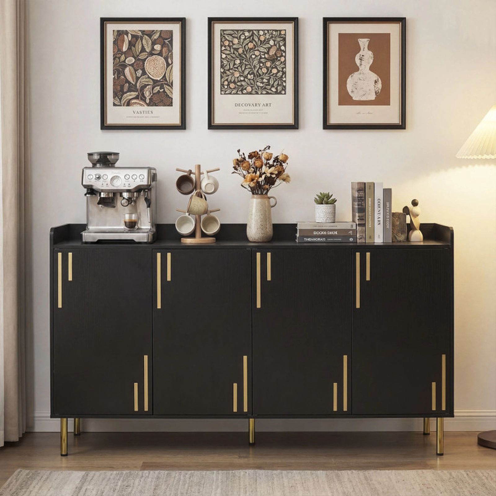 SUGIFT 55-in Buffet Cabinet Sideboard with 4 Doors and 5 Metal Legs 100-lb Top Capacity 72-lb Net Weight Black/White
