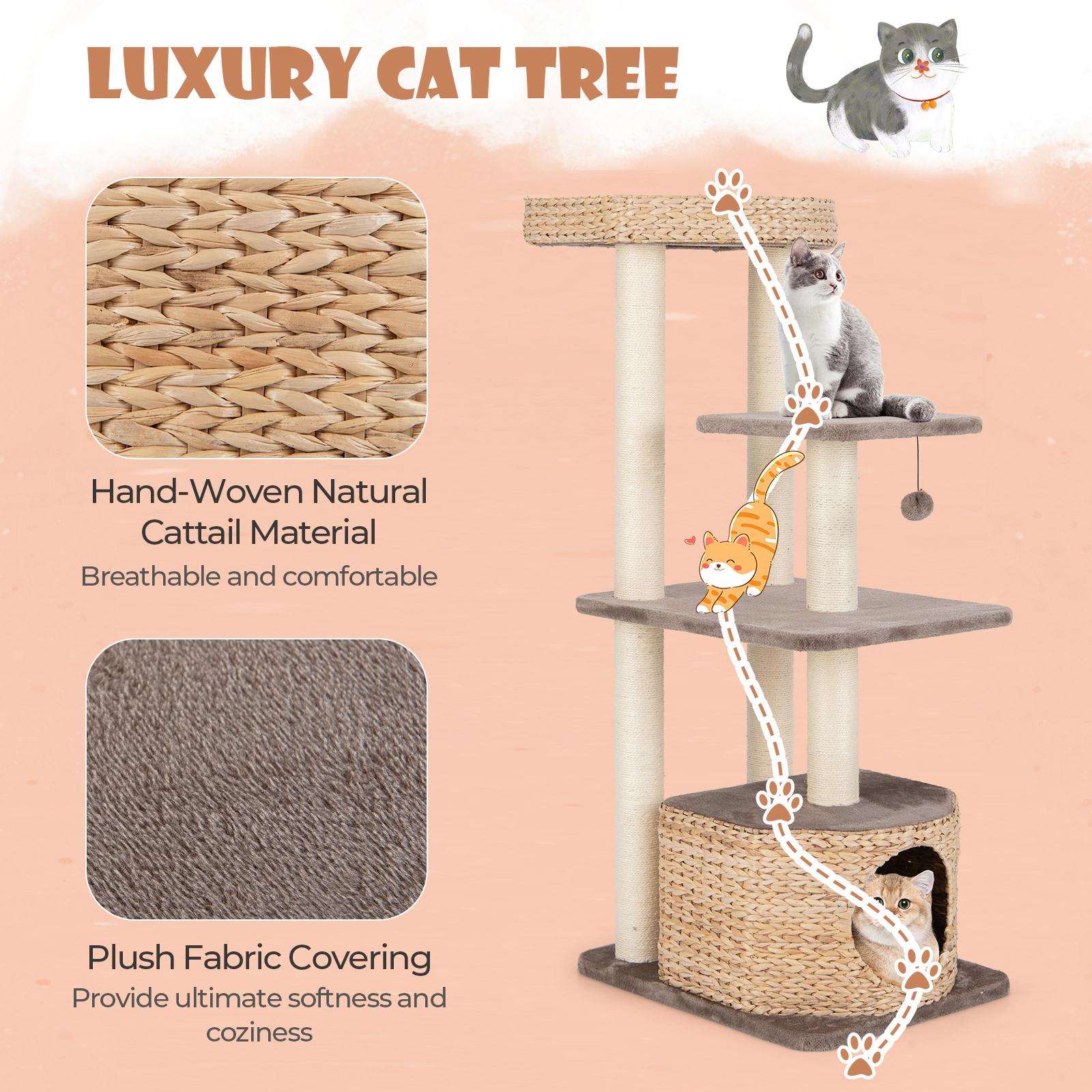 Glintex 52-Inch 4-Layer Cat Tower with Cattail Condo and Protective Perch Edges, Coffee