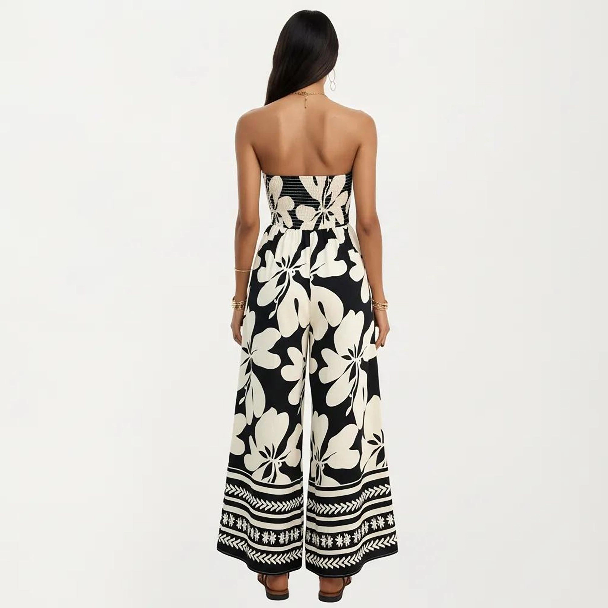 Anna-Kaci Womens Strapless Floral Wide Leg Jumpsuit with Border Trim